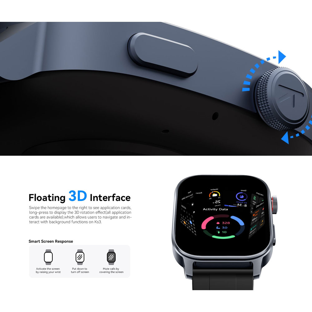 ساعت هوشمند کیسلکت مدل Ks 3 دارای قابلیت های صفحه نمایش رنگی، صفحه نمایش لمسی، کنترل سطح اکسیژن خون بند سیلیکون