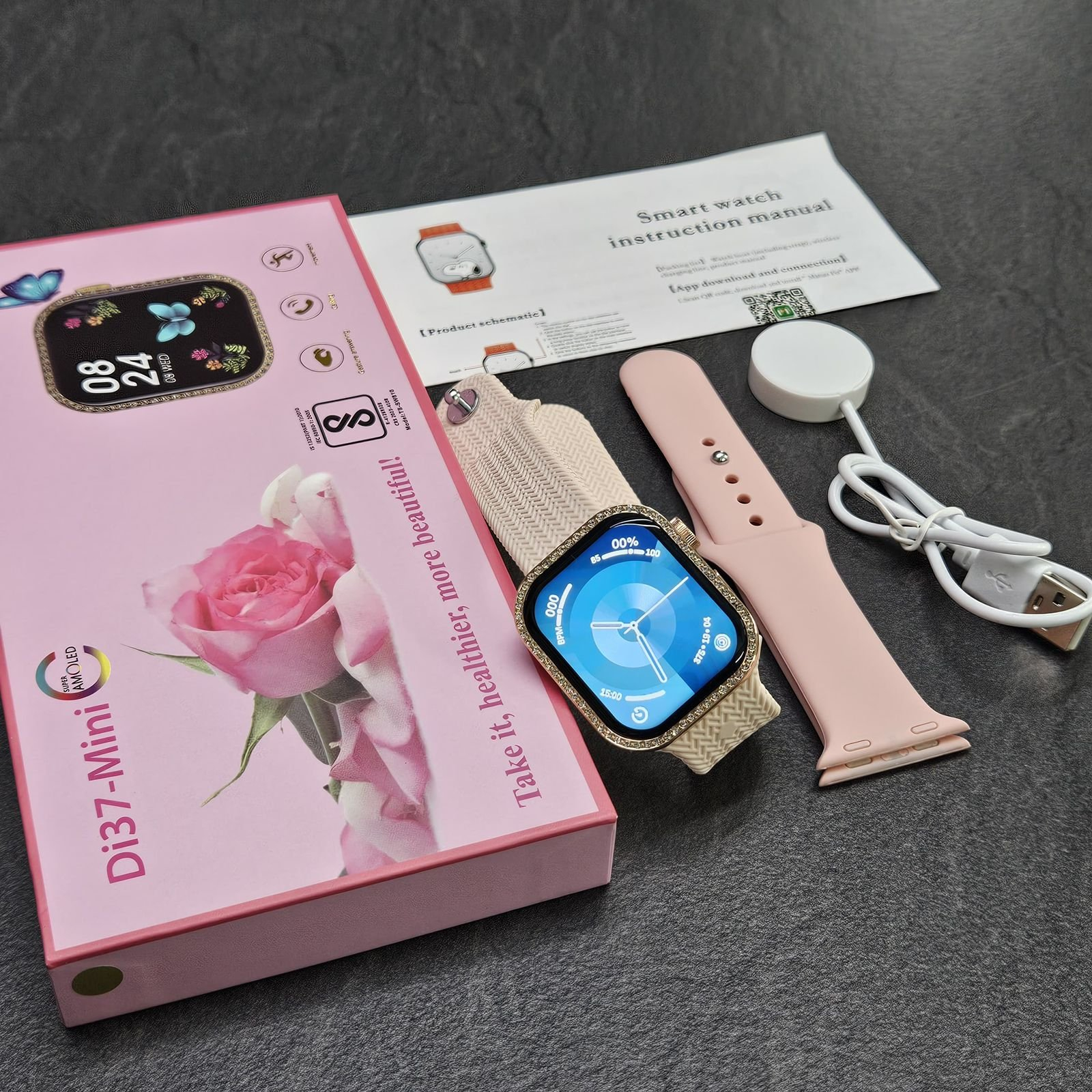 ساعت هوشمند مدل Di37-mini دارای قابلیت های صفحه نمایش رنگی، صفحه نمایش لمسی، کنترل موسیقی (Music Player)، قابلیت مکالمه از طریق بلوتوث بند سیلیکون