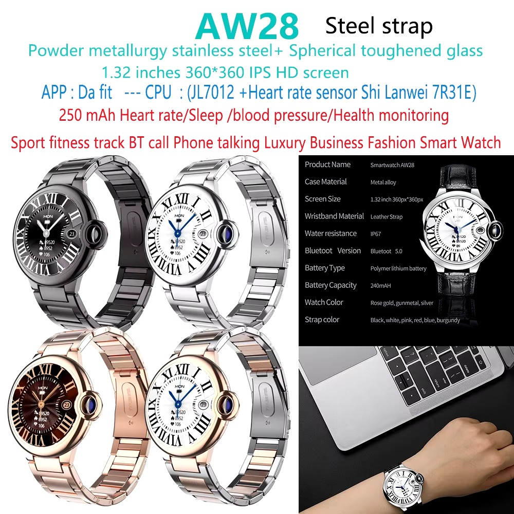 ساعت هوشمند مدل ساعت هوشمند مدل AW28 دارای قابلیت های صفحه نمایش رنگی، صفحه نمایش لمسی، کنترل موسیقی (Music Player)، کنترل سطح اکسیژن خون، قابلیت مکالمه از طریق بلوتوث، قابلیت تغییر طرح ساعت، بند فلز