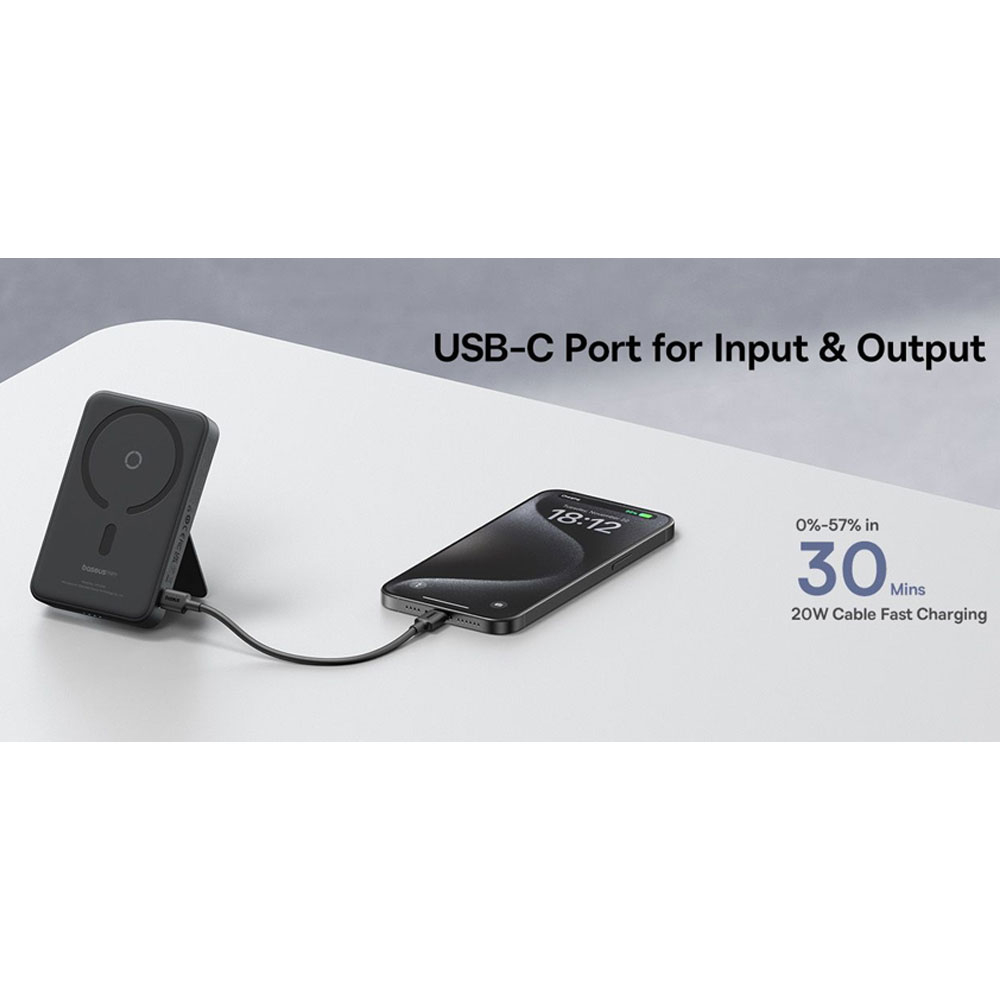 پاوربانک بی‌سیم 20 وات بیسوس مدل MagPro Magnetic Bracket 20w با ظرفیت 5000 میلی آمپر ساعت به همراه کابل USB-C به USB-C