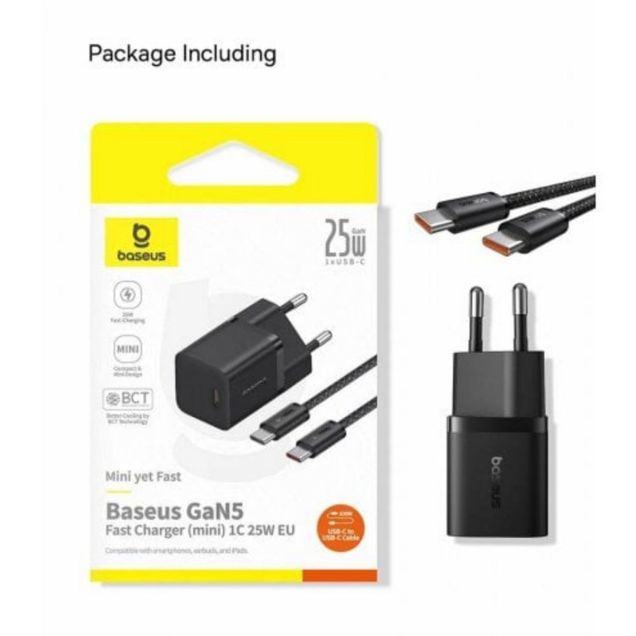 شارژر دیواری 25 وات بیسوس مدل GaN5 mini به همراه کابل تبدیل تایپ سی