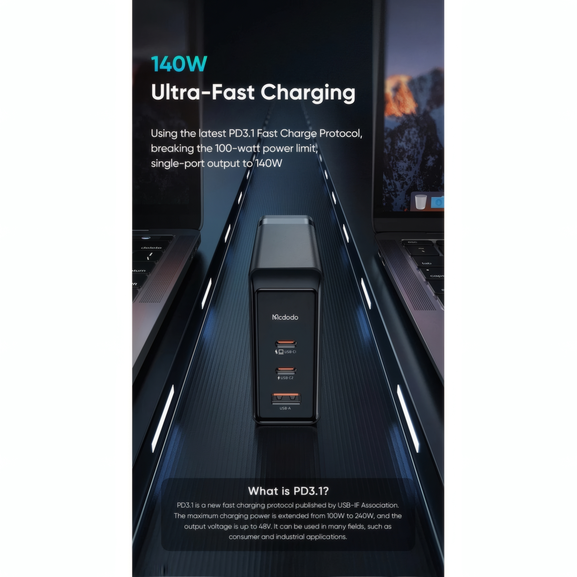 شارژر دیواری 140 وات مک دودو مدل CH-2913 به همراه کابل USB-C