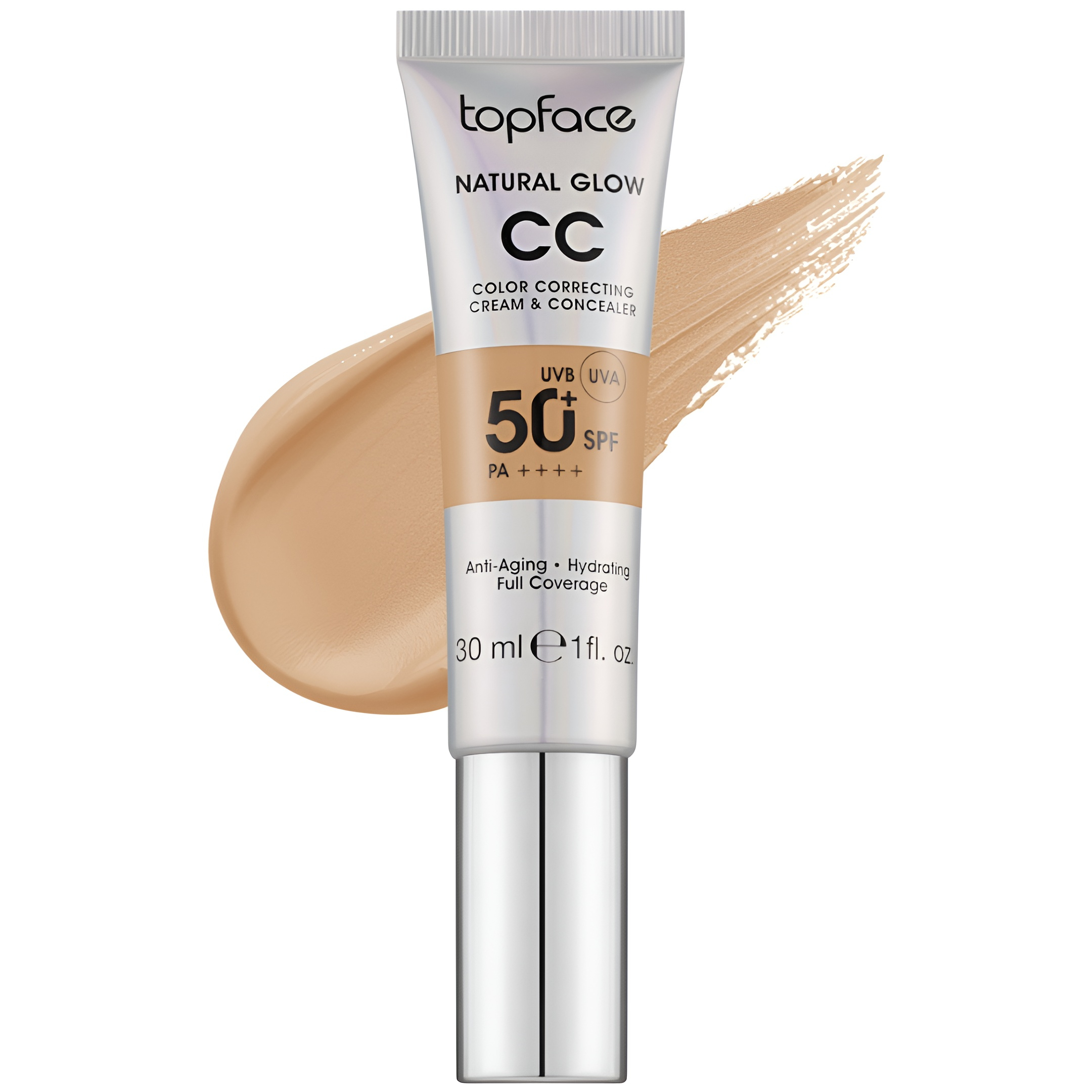 کرم پودر CC مایع +SPF50 تاپ فیس مدل NATURAL GLOW شماره 005 مناسب برای انواع پوست حجم 30 میلی لیتر