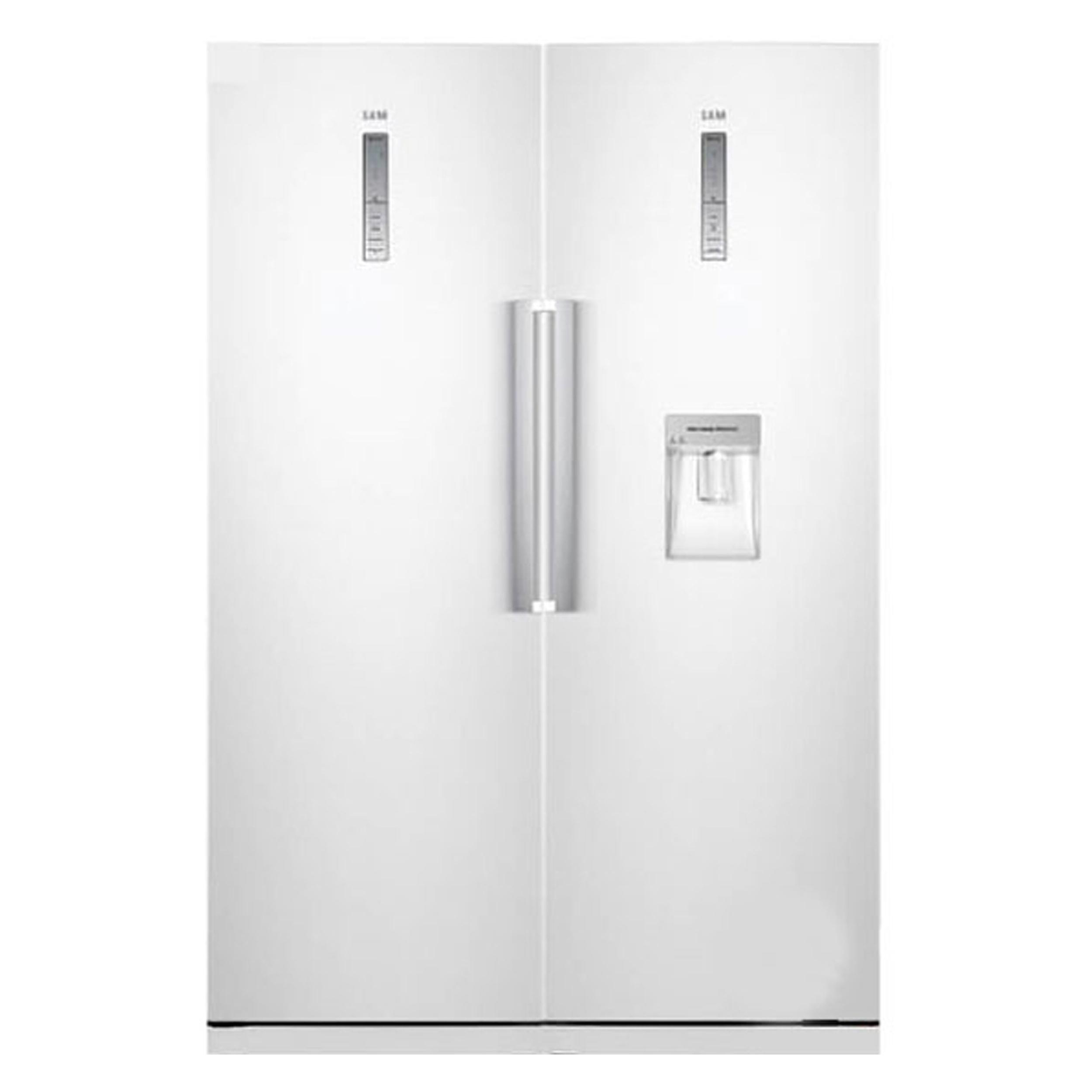 یخچال فریزر دوقلو 40 فوت سام مدل RR65-RZ65/W، دارای اخطار باز ماندن درب، با ارتفاع 180، پهنای 120 و عمق 68.4 سانتیمتر، کیزان مصرف انرژی A، دارای 5 طبقه در یخچال و 5 کشو در فریزر، دارای سیستم نوفراست