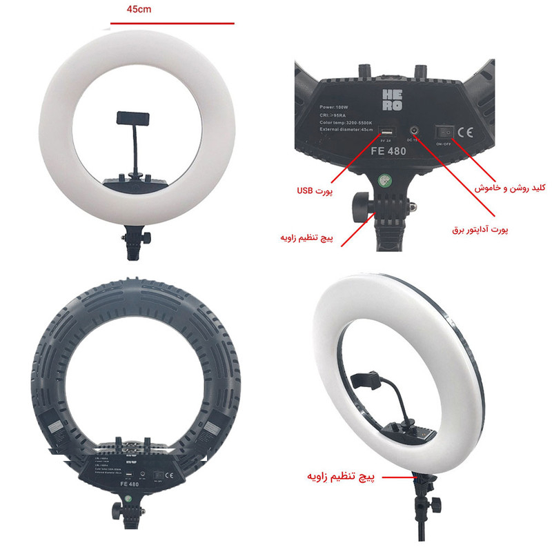 نور ثابت ال ای دی هیرو مدل Professional 100W FE480 به همراه سه پایه