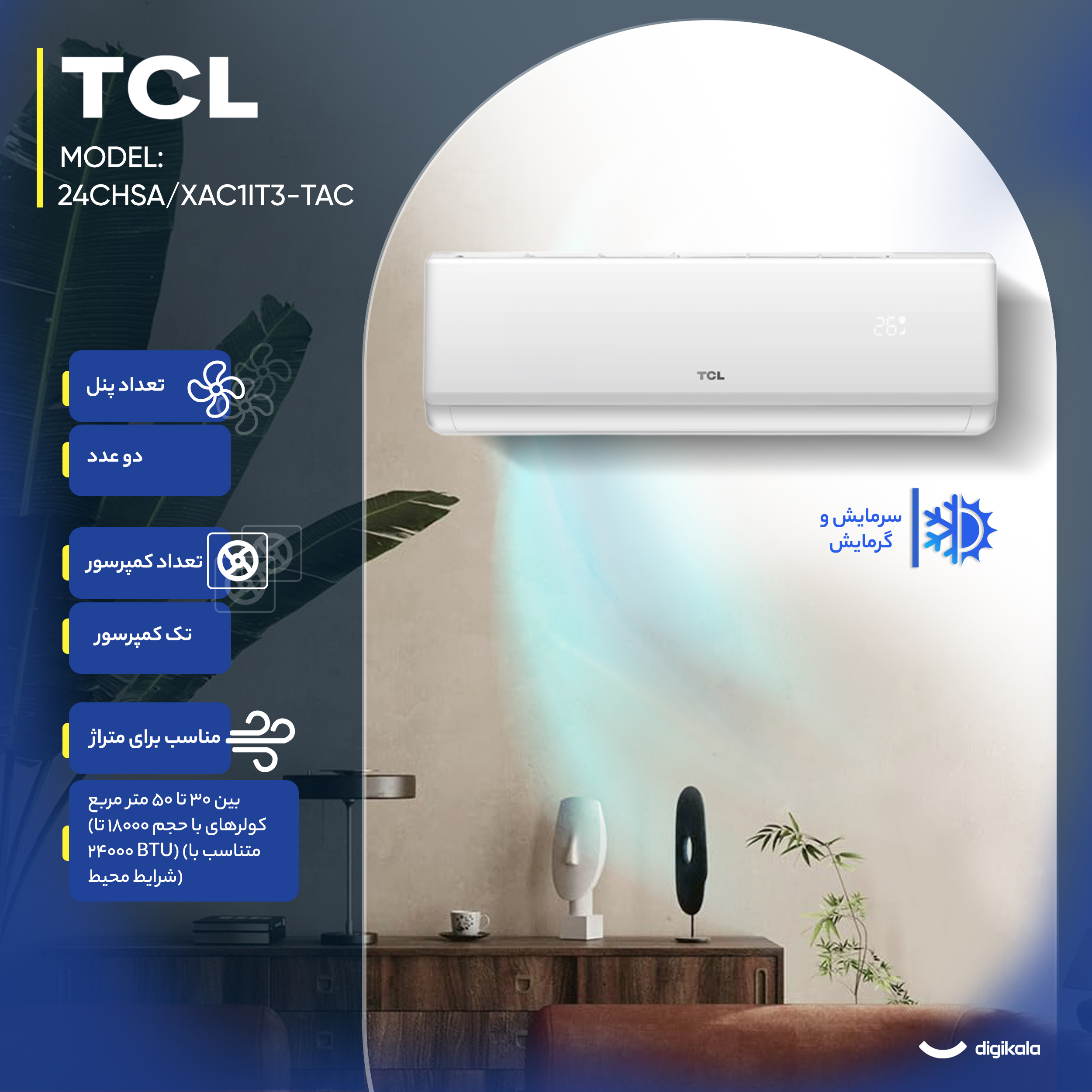 کولر گازی اسپلیت دیواری (Split) 24000 اینورتر تی سی ال مدل TAC-24CHSA/XAC1IT3