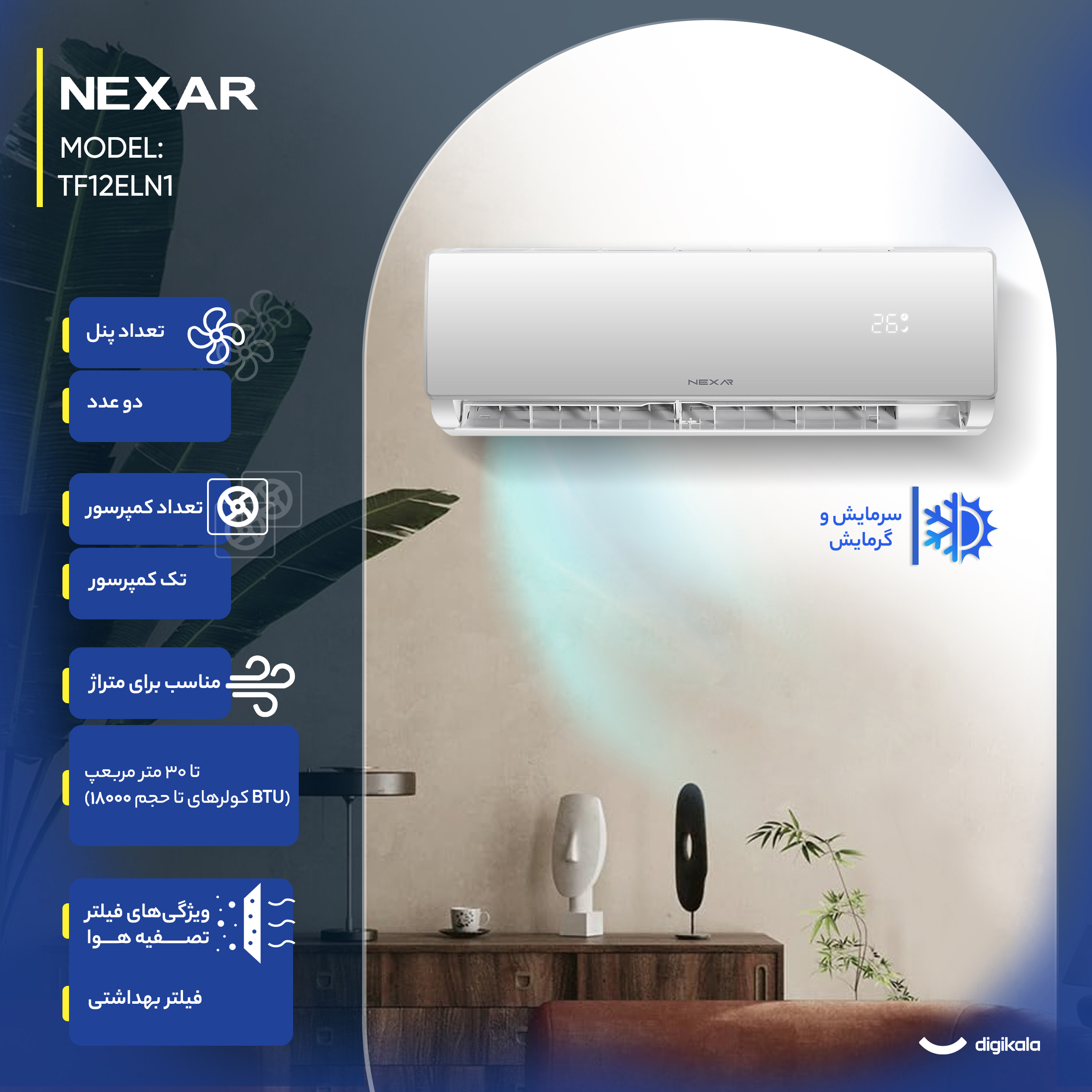 کولر گازی اسپلیت دیواری 12000 دور ثابت نکسار مدل TF12ELN1