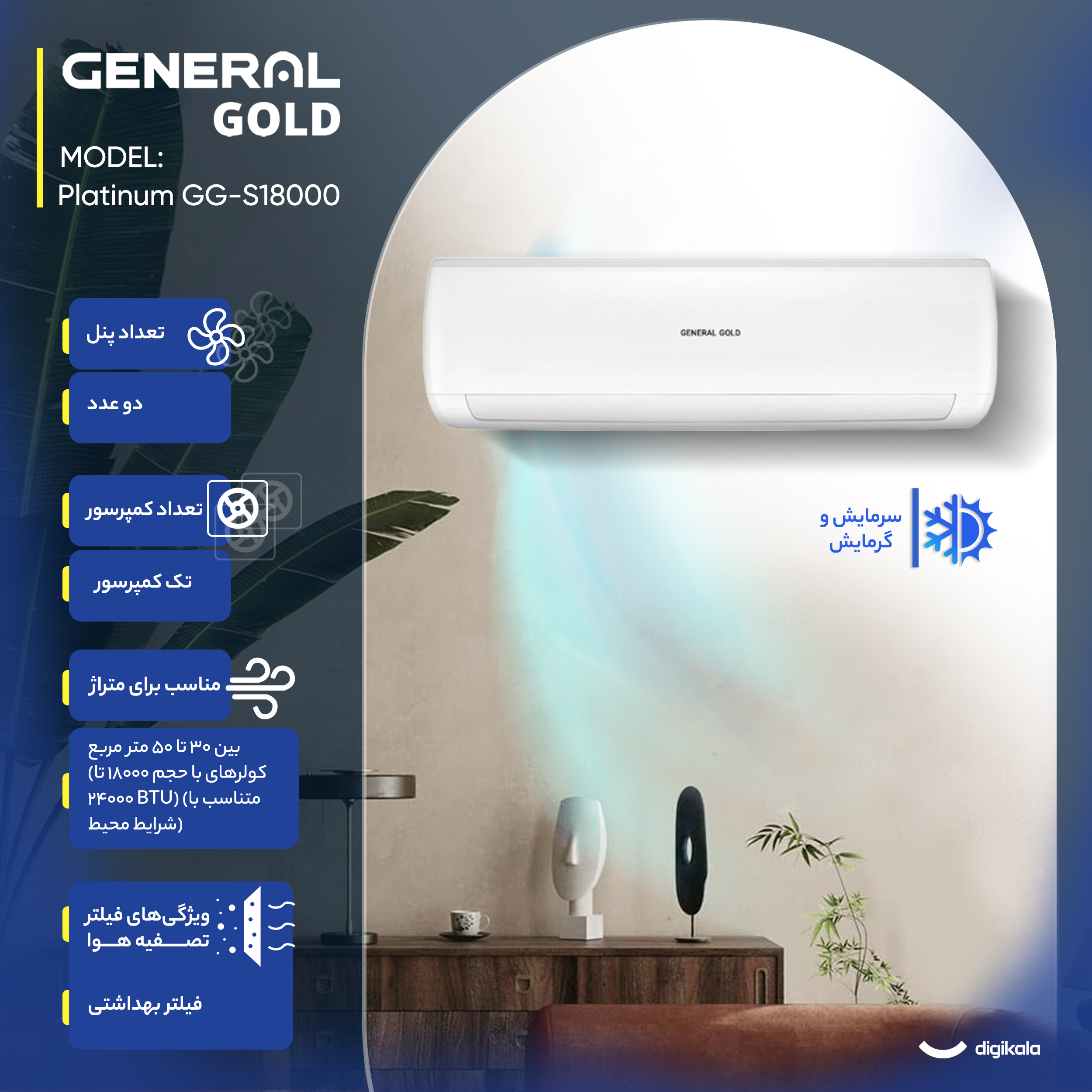 کولر گازی اسپلیت دیواری 18000 دور ثابت جنرال گلد مدل GG-S18000 Platinum
