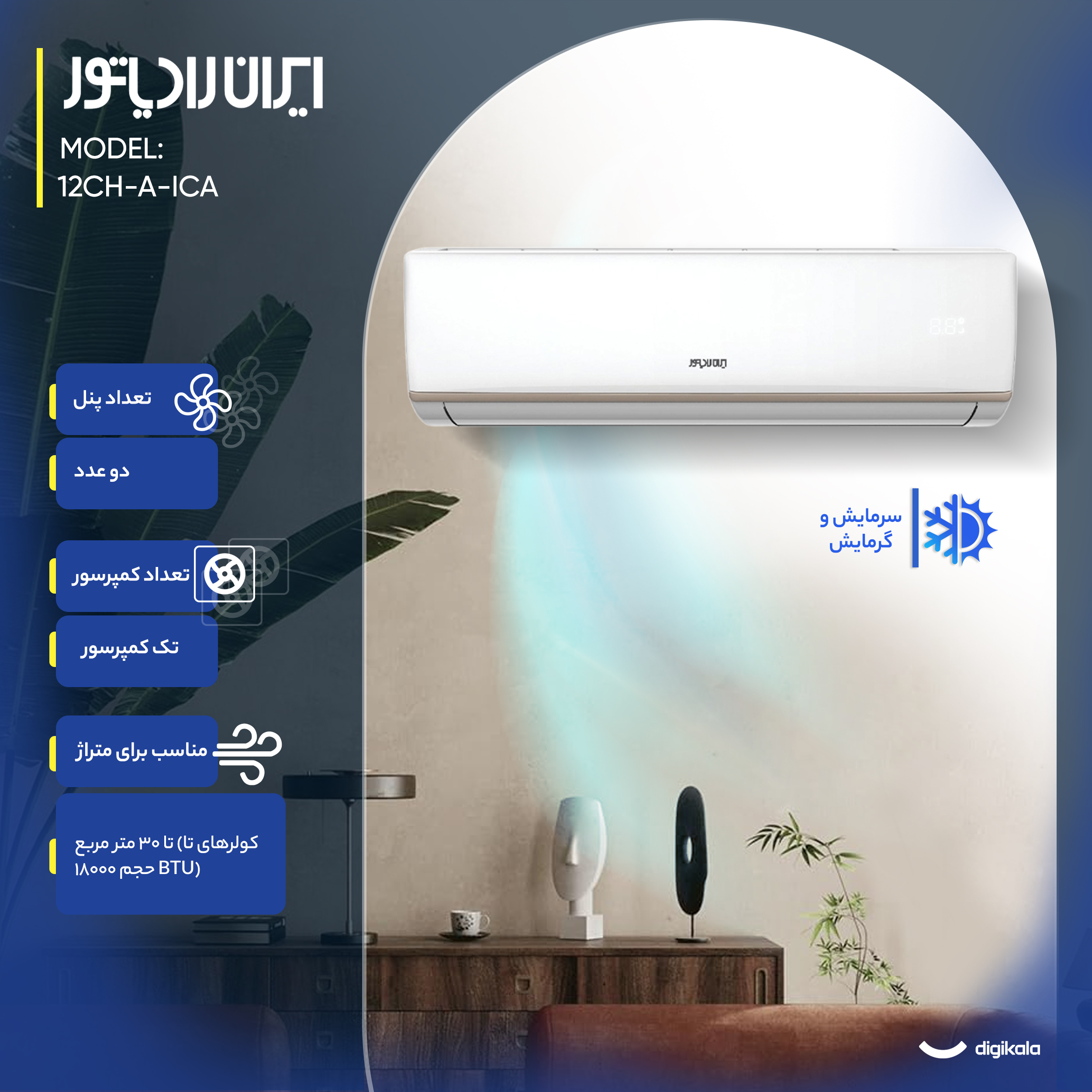 کولر گازی اسپلیت دیواری 12000 دور ثابت ایران رادیاتور مدل ICA-12CH-A/XA