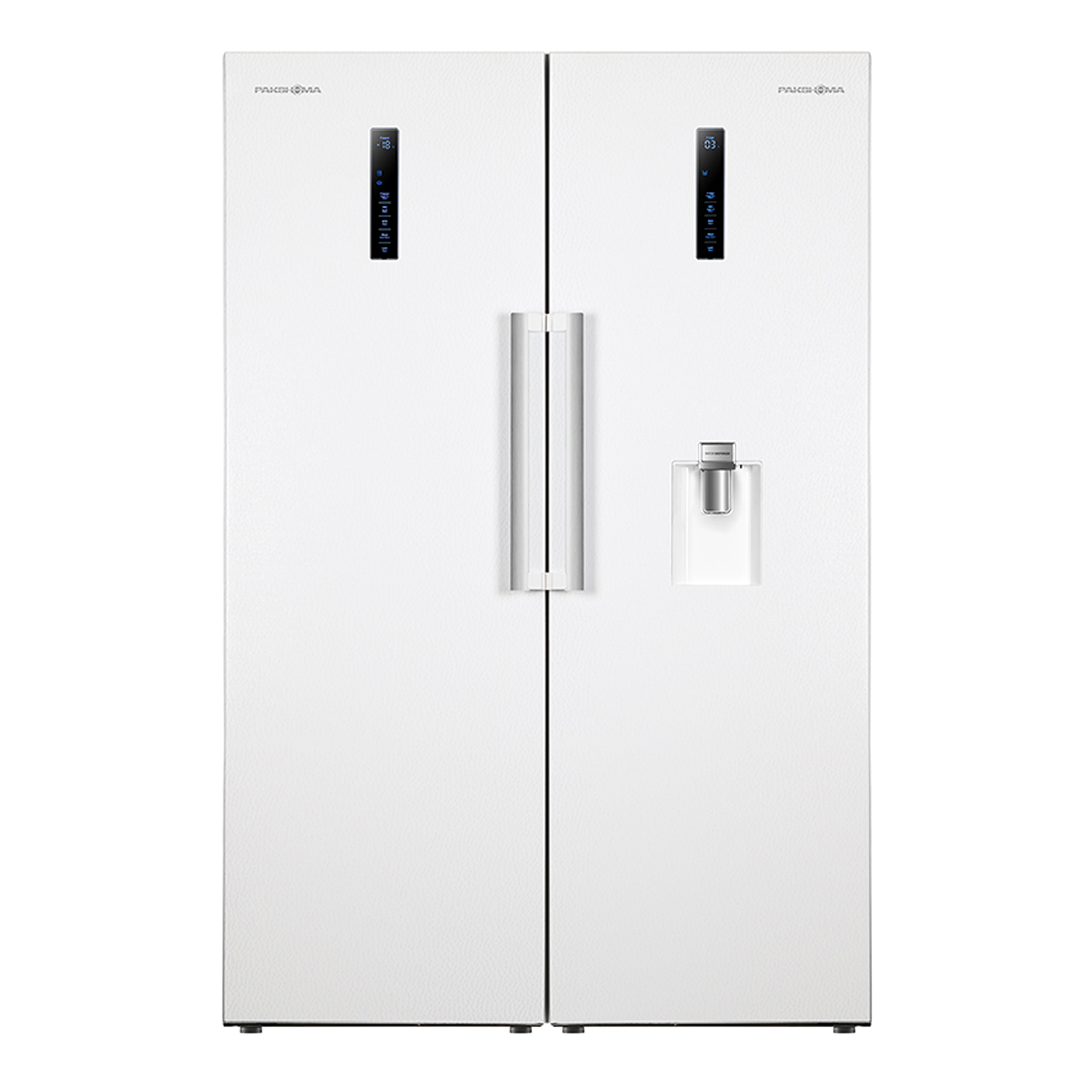 یخچال فریزر دوقلو پاکشوما مدل RTRA-RTFA901 iW (E2) سری Twin Peaks، دارای نمایشگر و بدون برفک، با ارتفاع 187، پهنای 118 و عمق 73 سانتیمتر، میزان مصرف انرژی A+، دارای 5 طبقه در یخچال و 4 کشو در فریزر
