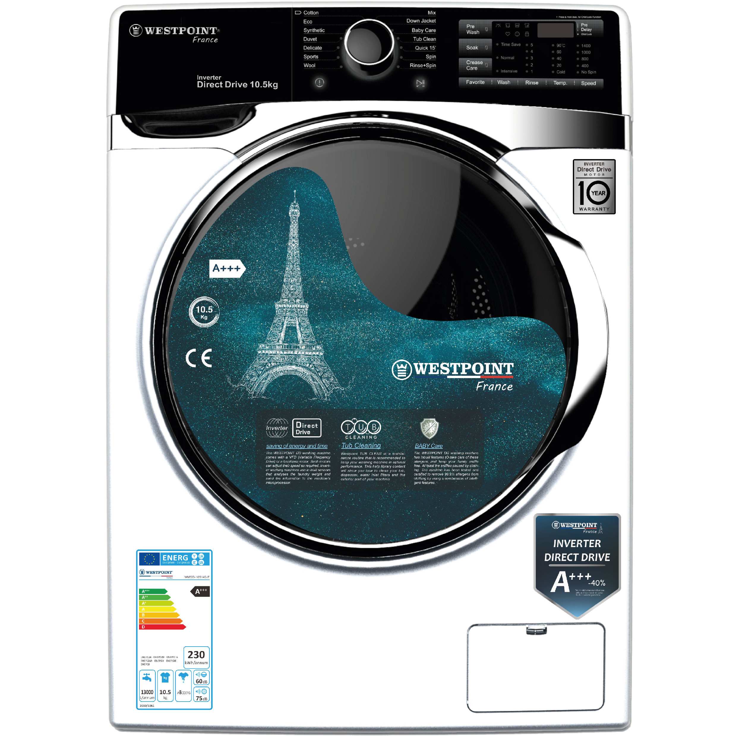 ماشین لباسشویی 10.5 کیلوگرم اتوماتیک وست پوینت مدل WMSD-105143.ES