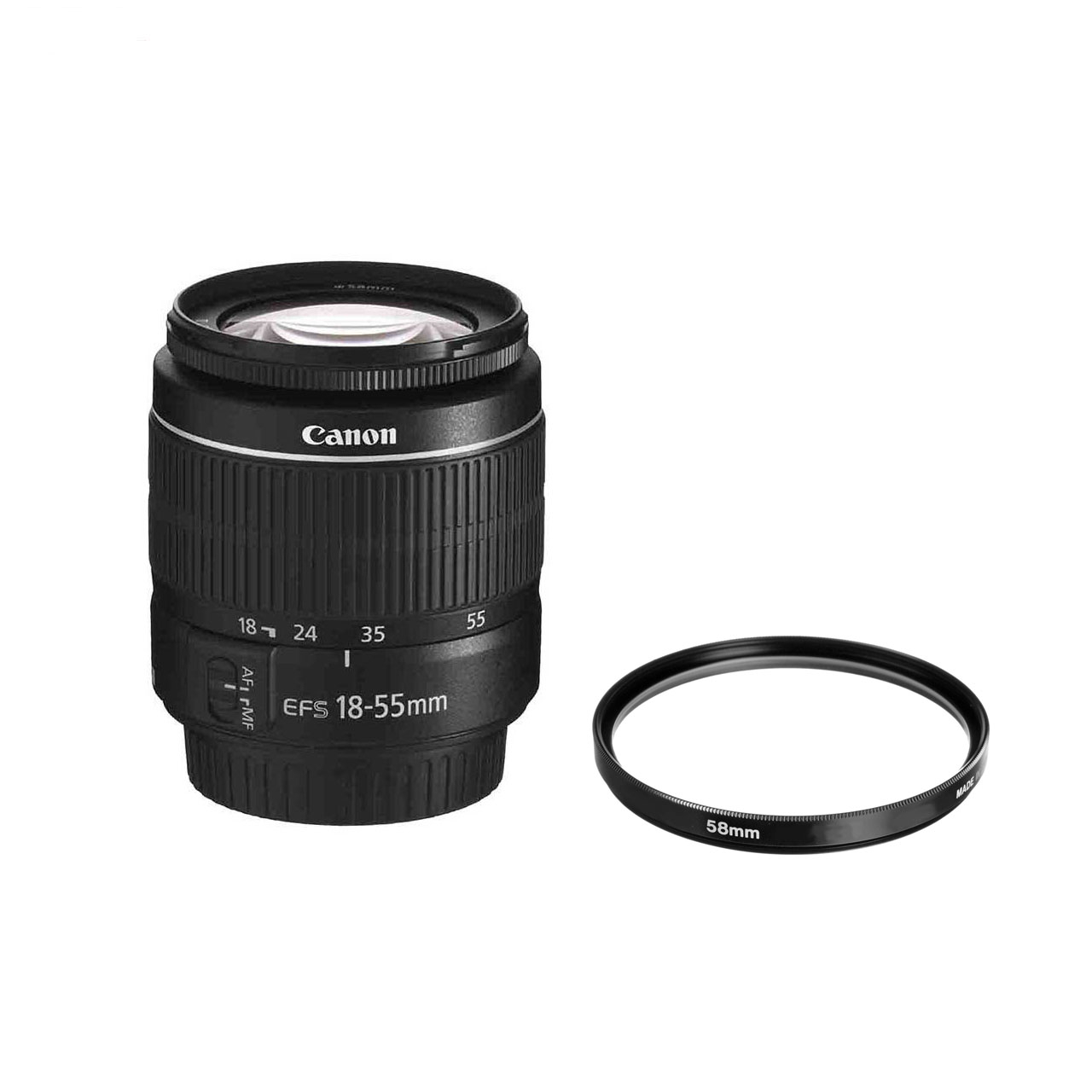 لنز دوربین کانن مدل  لنز کانن EF-S 18-55mm f/3.5-5.6 III به همراه فیلتر یو وی 58 کانن و درب 58 کانن