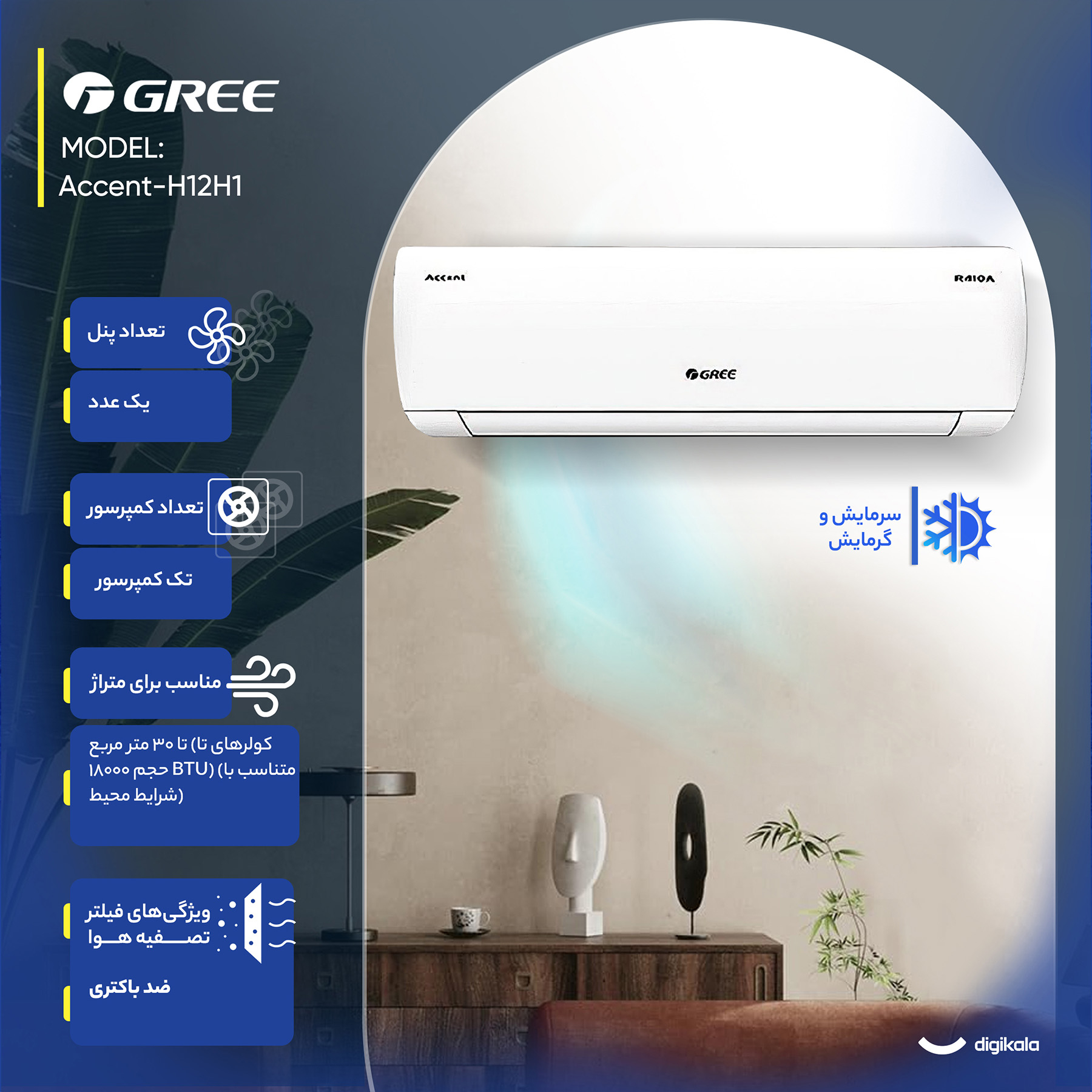 کولر گازی اسپلیت دیواری 12000 دور ثابت گری مدل Accent-H12H1