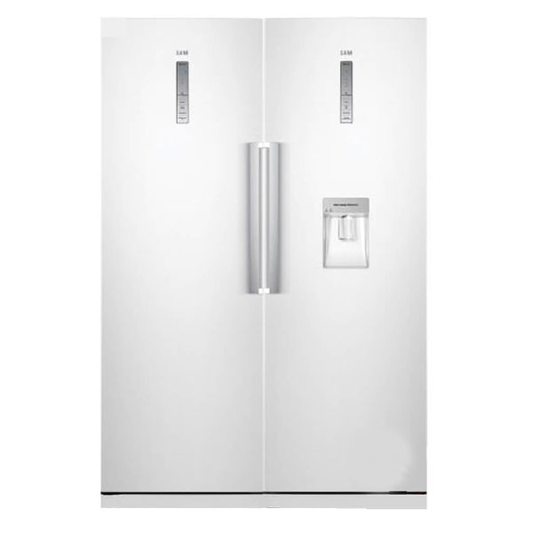 یخچال فریزر دوقلو 40 فوت سام مدل RR65-RZ65/W، دارای اخطار باز ماندن درب، با ارتفاع 180، پهنای 120 و عمق 68.4 سانتیمتر، کیزان مصرف انرژی A، دارای 5 طبقه در یخچال و 5 کشو در فریزر، دارای سیستم نوفراست