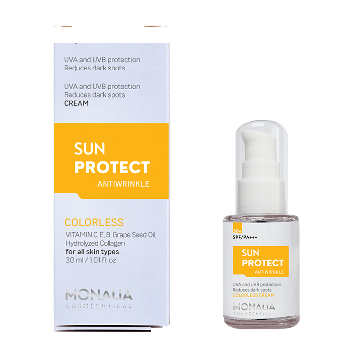 کرم ضد آفتاب بی‌‌‌رنگ مونالیا، 50 SPF، مدل SUNPROTECT،  مناسب انواع پوست با حجم 30 میلی‌لیتر، محافظت‌کننده در برابر اشعه‌های UVA و UVB، ضد آب، PA+++، ضد چروک، دارای فرمولاسیون کلاژن، ویتامین‌های E، C و B، بدون پارابن، الکل و چربی، با ماندگاری 3 ساعته