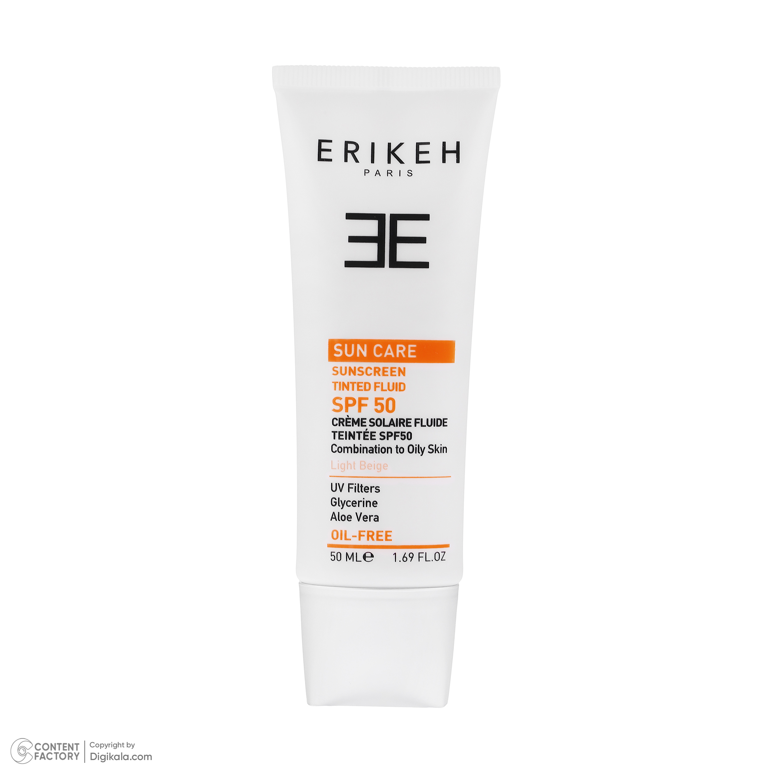فلوئید ضد آفتاب رنگی صورت اریکه spf50 مدل Oil Free مناسب برای پوست چرب حجم 50 میلی لیتر
