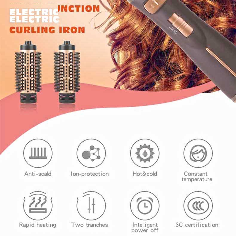 سشوار برسدار چرخشی حرفهای انزو مدل EN-743، موتور DC با توان مصرفی 1500 وات، دارای قابلیت تعویض سری، باد سرد، با حالت صافکننده و حجمدهنده، وزن 700 گرم، تنظیم حرارت 2 حالته و کنترل سرعت 2 حالته، به همراه 2 سری برسدار