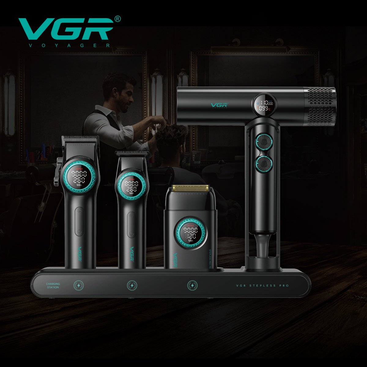 ست سشوار و ماشین اصلاح موی سر و صورت شارژی وی جی آر مدل Stepless pro مجموعه ۴ عددی