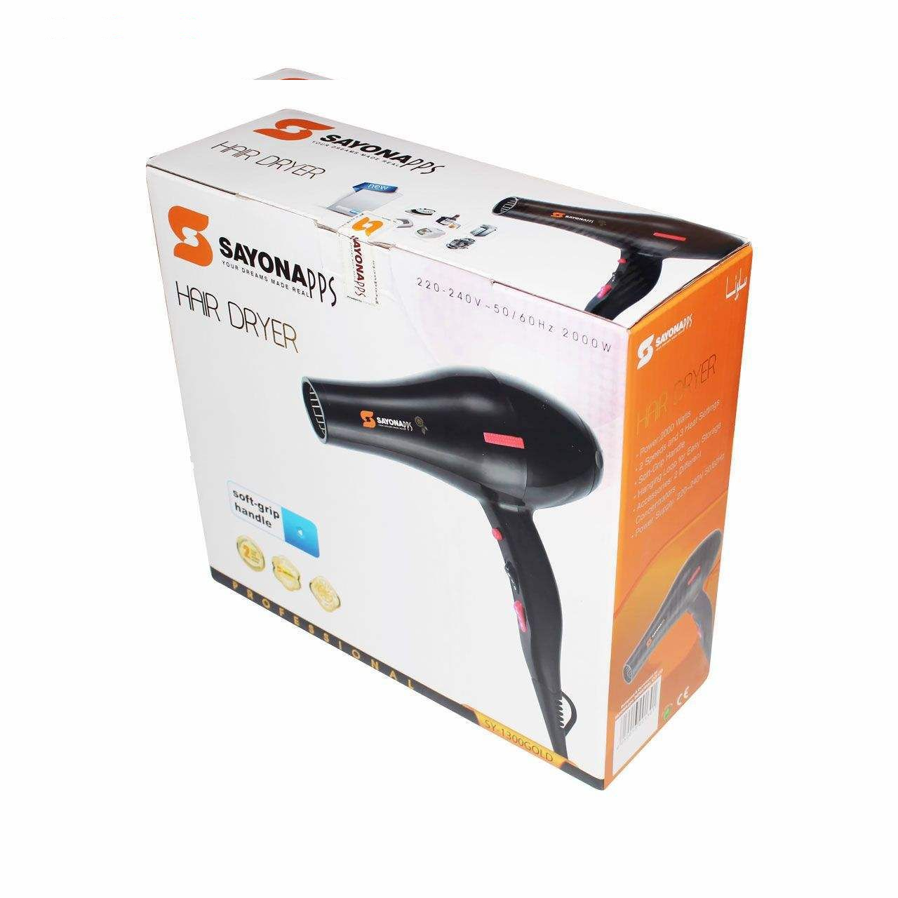 سشوار حرفهای سایونا مدل SY-1200، موتور AC با توان مصرفی 2000 وات، دارای قابلیت تعویض سری و باد سرد، دارای حلقه آویختن، با حالت صافکننده و حجمدهنده، وزن 1100 گرم، تنظیم حرارت 3 حالته و کنترل سرعت 2 حالته، به همراه 2 عدد سری متمرکزکننده پهن و باریک