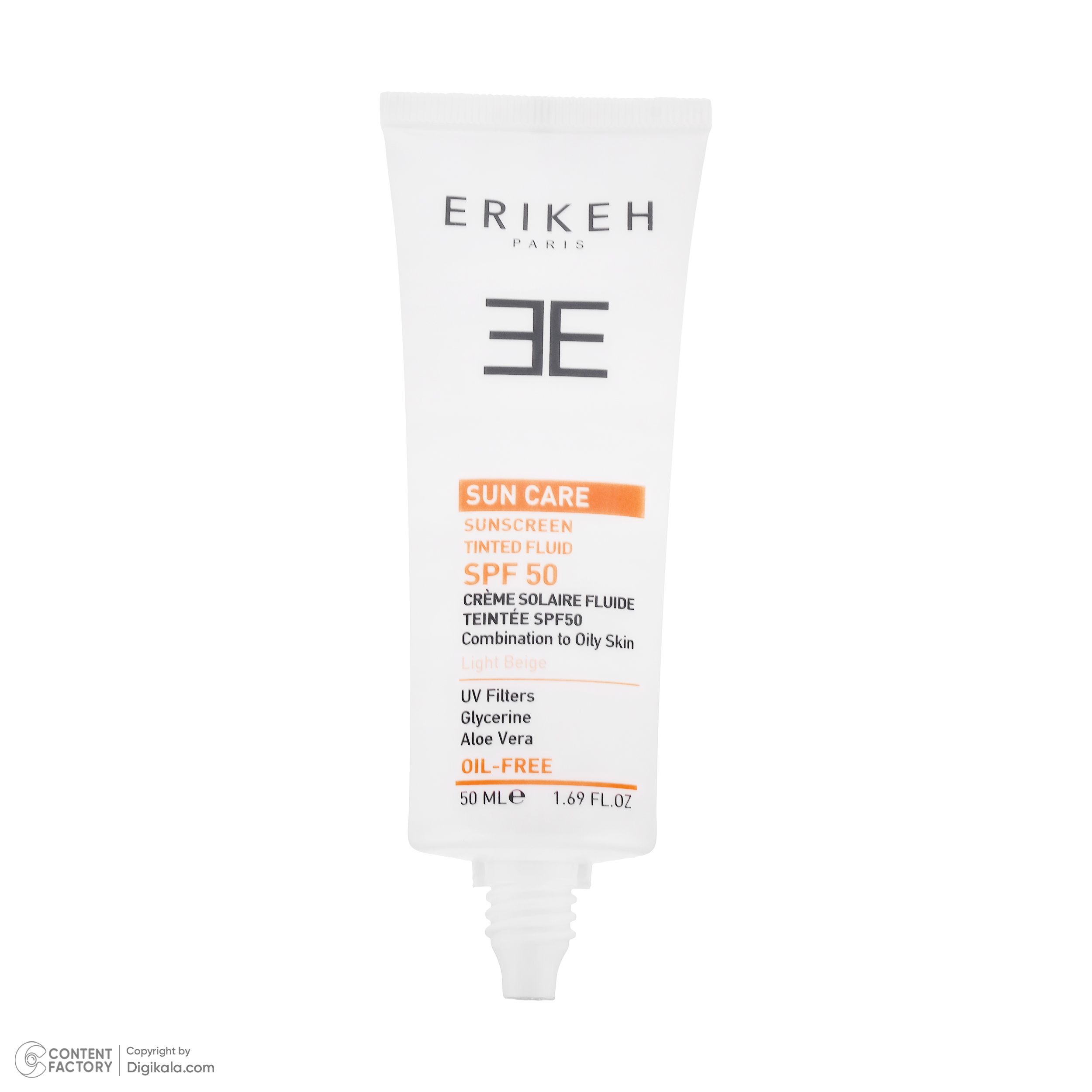 فلوئید ضد آفتاب رنگی صورت اریکه spf50 مدل Oil Free مناسب برای پوست چرب حجم 50 میلی لیتر