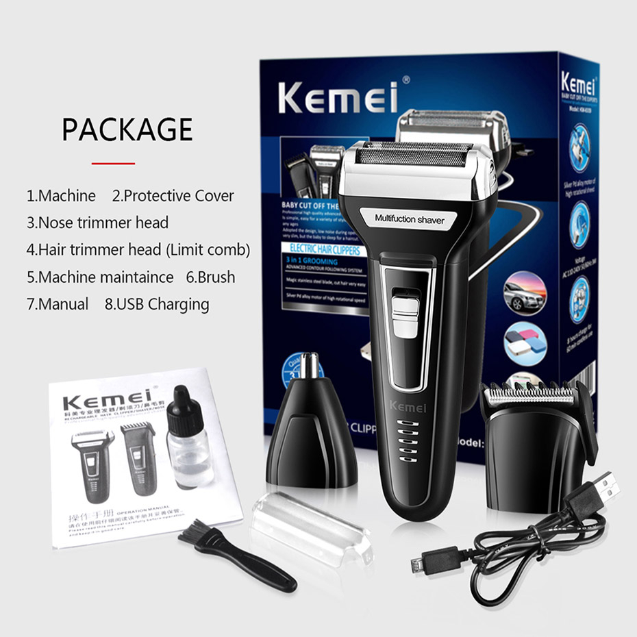 ماشین اصلاح موی صورت کیمی مدل KM-6559، اصلاح به صورت صفر زن، خط زن، دارای سه سری مخصوص برای اصلاح صورت، سر، گوش و بینی، منبع انرژی با کابل USB، تکنولوژی اصلاح به صورت برش چرخشی، مدت زمان شارژ 480 دقیقه و مدت زمان استفاده پس از شارژ 60 دقیقه