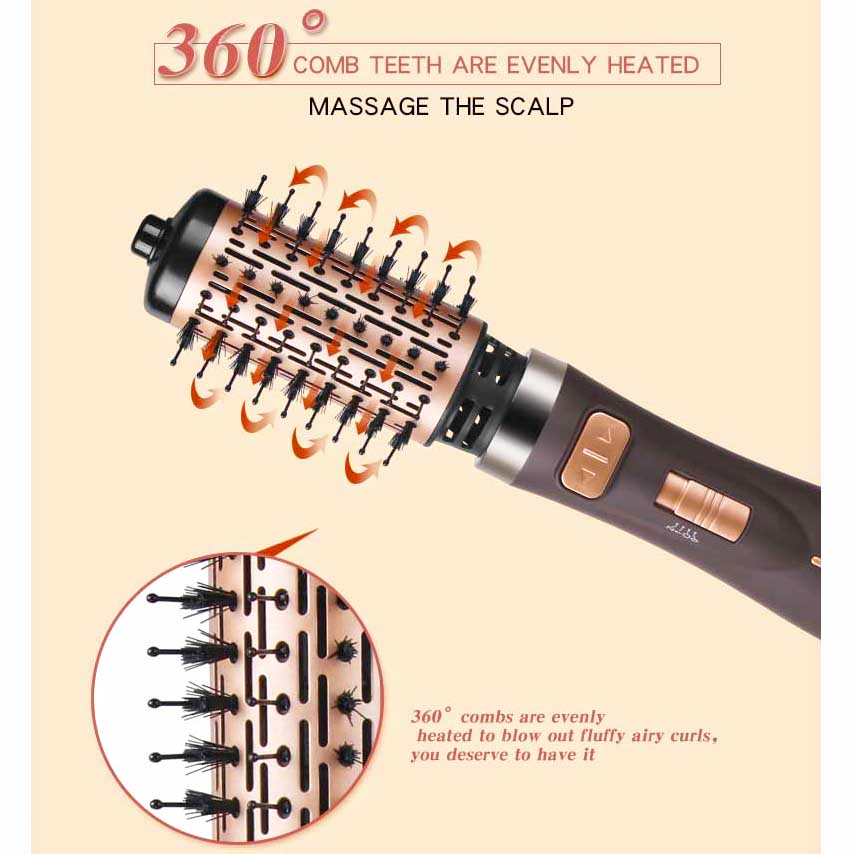 سشوار برسدار چرخشی حرفهای انزو مدل EN-743، موتور DC با توان مصرفی 1500 وات، دارای قابلیت تعویض سری، باد سرد، با حالت صافکننده و حجمدهنده، وزن 700 گرم، تنظیم حرارت 2 حالته و کنترل سرعت 2 حالته، به همراه 2 سری برسدار