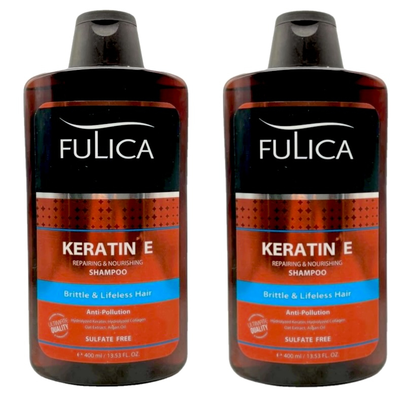 شامپو تقویت کننده مو فولیکا مدل KERATIN E سازگار با موهای آسیب دیده و دارای موخوره حجم 400 میلی لیتر مجموعه دو عددی