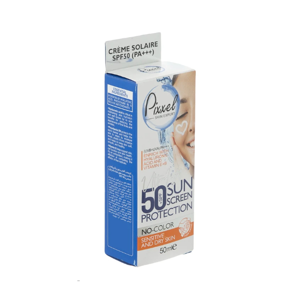 کرم ضدآفتاب بی‌رنگ پیکسل، با SPF50، مدل Sensitive، حاوی محافظ UVA ،UVB و +++PA، فاقد گلیسیرین، حاوی ویتامین E و B+، مناسب پوست‌های خشک و حساس، حجم 50 میلی‌لیتر مجموعه دو عددی