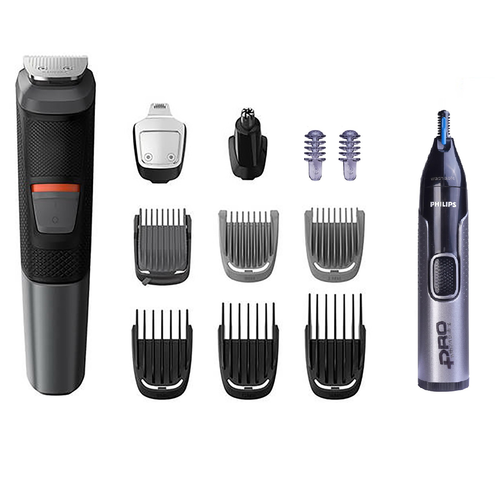 ماشین اصلاح موی سر و صورت فیلیپس مدل 5000 به‌همراه موزن بینی pro، اصلاح به صورت حجم‌زن، ضد آب، منبع انرژی باتری قابل شارژ، تکنولوژی اصلاح به صورت برش مستقیم، مدت زمان شارژ سریع 5 دقیقه و مدت زمان استفاده پس از شارژ 80 دقیقه، به‌همراه شارژر، کیف نگهداری