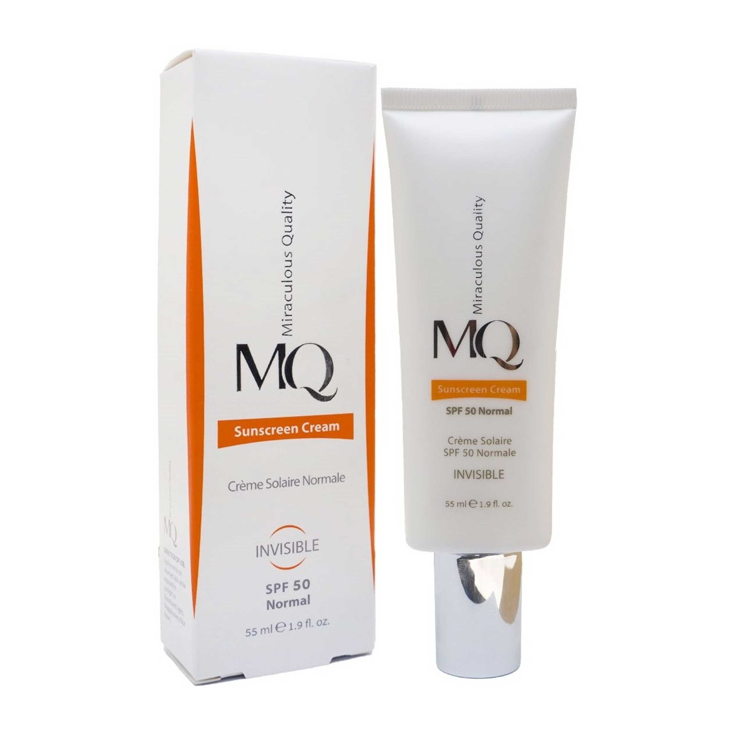 کرم ضدآفتاب بی‌رنگ ام کیو مدل SPF50، مناسب پوست‌های معمولی، حجم 55 میلی‌لیتر