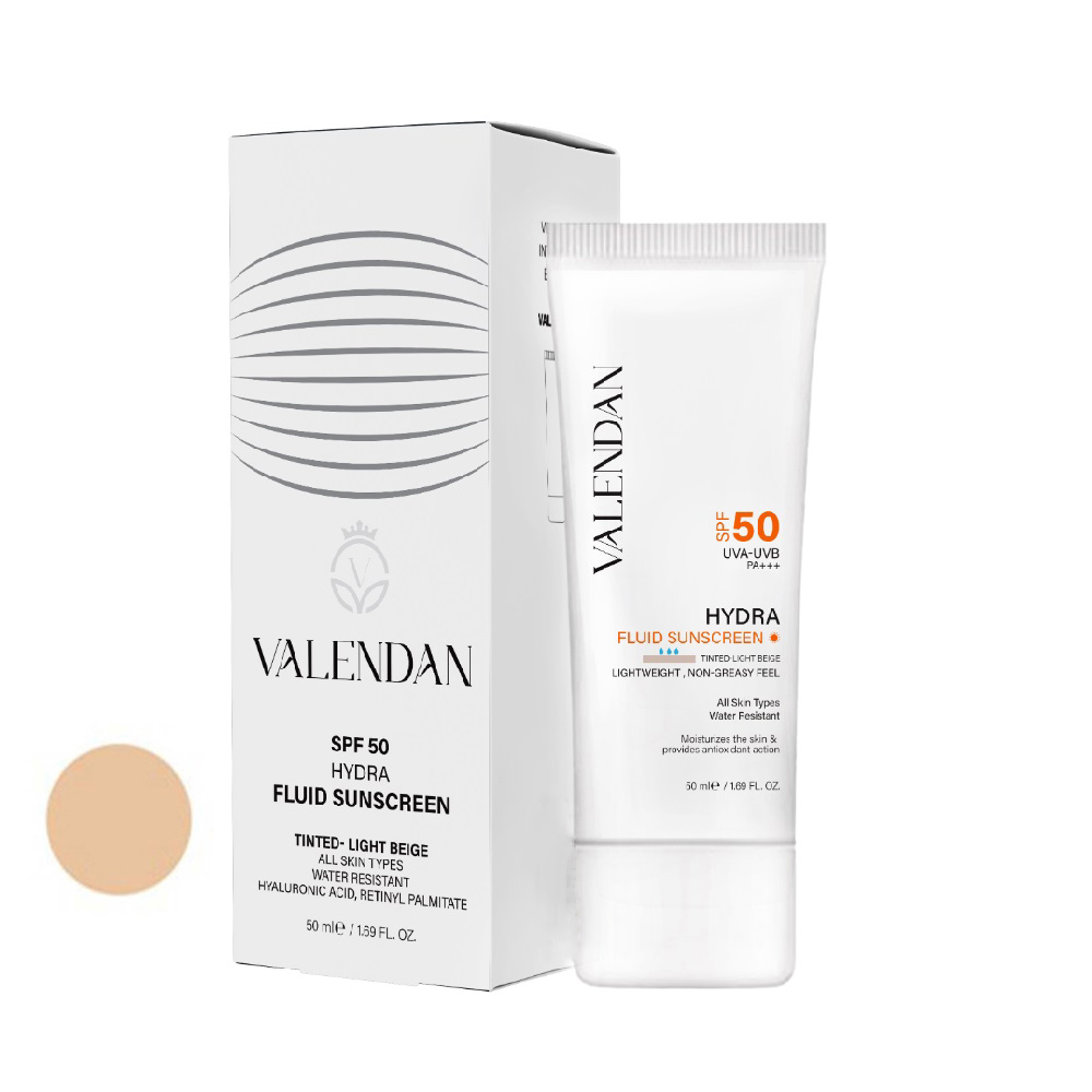 فلوئید ضد آفتاب رنگی صورت ولندان SPF 50 مدل HYD-LB محافظ UVA،UVB مناسب برای انواع پوست حجم 50 میلی لیتر