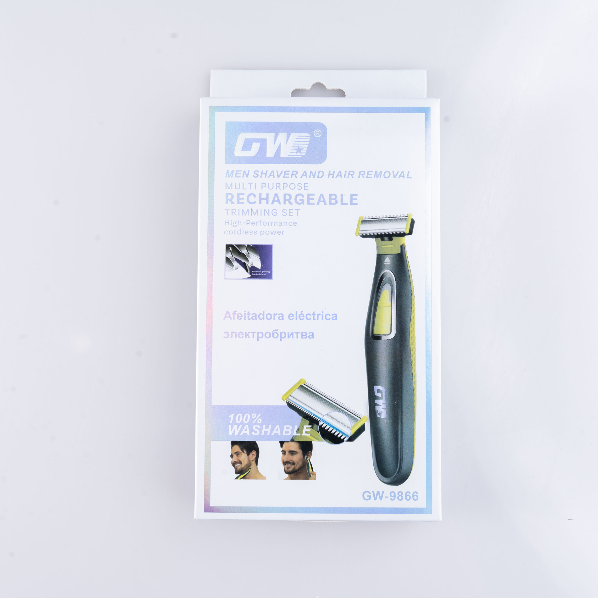 ماشین اصلاح موی صورت شارژی جی دبلیو مدل GW-9866، اصلاح به صورت صفر زن، طراحی ارگونومیک، منبع انرژی با باتری، تکنولوژی اصلاح به صورت تریمر، اندازه اصلاح 0.1 میلی‌متر، مدت زمان شارژ 480 دقیقه، دارای بدنه ضد لغزش، به همراه برس تمیزکننده و کابل شارژ USB