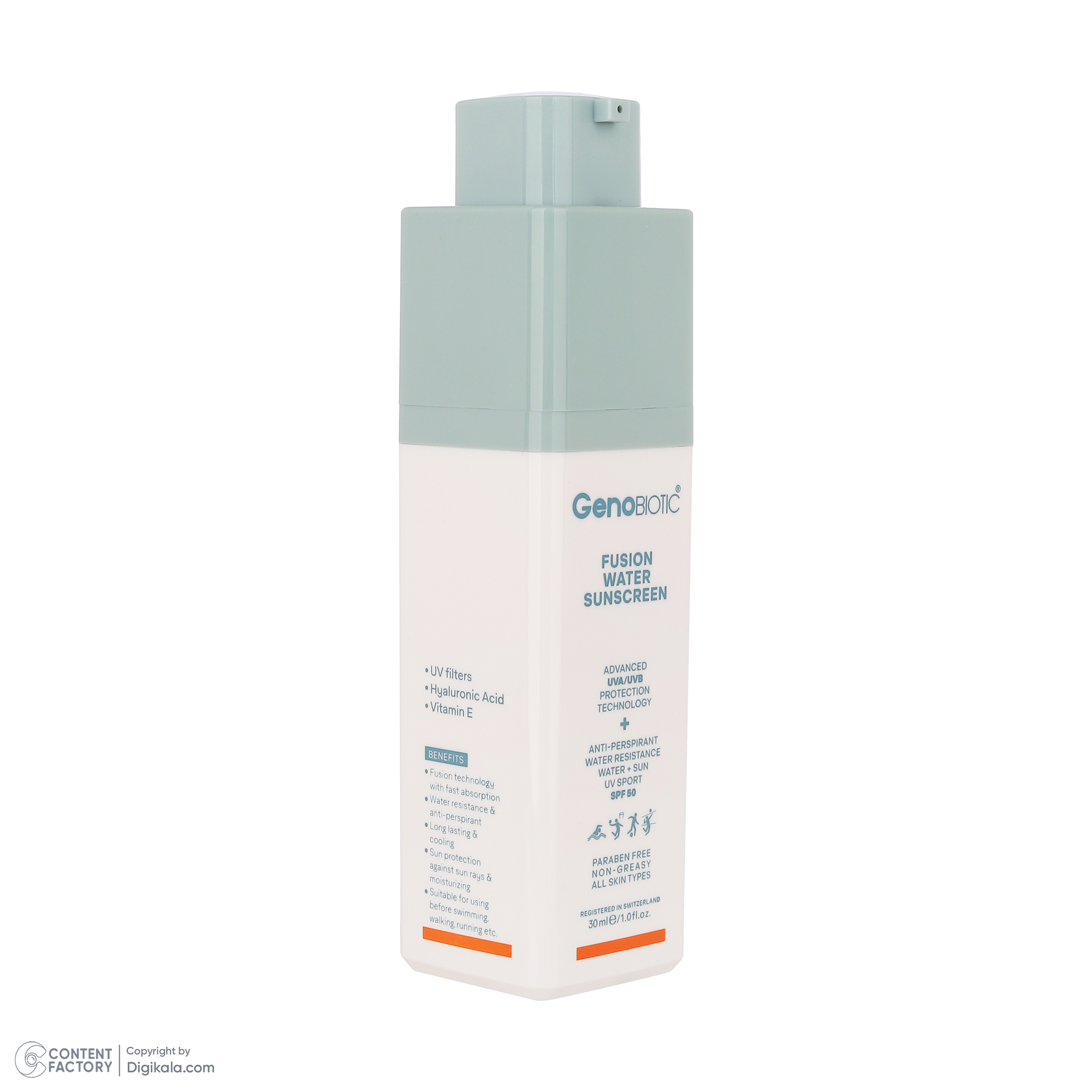 کرم ضدآفتاب بی‌رنگ ژنوبایوتیک، مدل Fusion water، حاوی محافظ UVA ،UVB، ضدآب، فاقد چربی، بدون پارابن، حاوی ویتامین E و هیالورونیک اسید مناسب انواع پوست، حجم 30 میلی‌لیتر