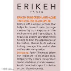 کرم ضد آفتاب رنگی صورت اریکه SPF 50 مدل Anti-Acne حاوی محافظ UVA و UVB مناسب پوست‌های آکنه‌ ای حجم 50 میلی لیتر