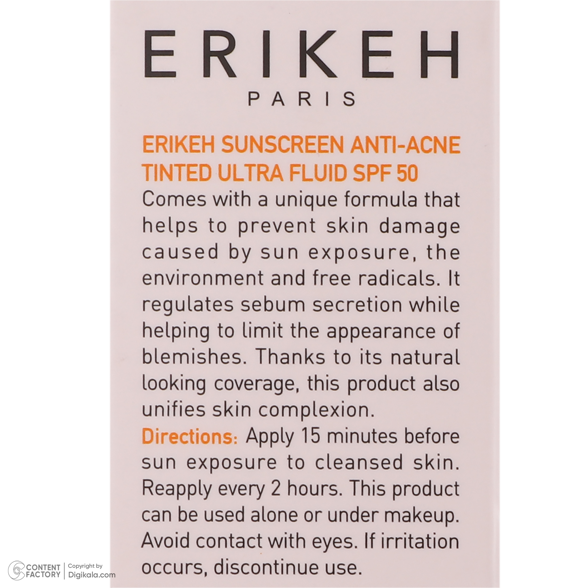 کرم ضد آفتاب رنگی صورت اریکه SPF 50 مدل Anti-Acne حاوی محافظ UVA و UVB مناسب پوست‌های آکنه‌ ای حجم 50 میلی لیتر