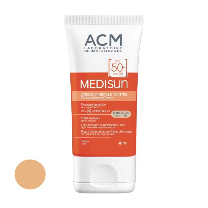 کرم ضد آفتاب رنگی ای سی ام SPF 50 مدل مدیسان محافظ UVA ،UVB ، فیلتر مینرال، مناسب انواع پوست‌ حجم 40 میلی‌لیتر