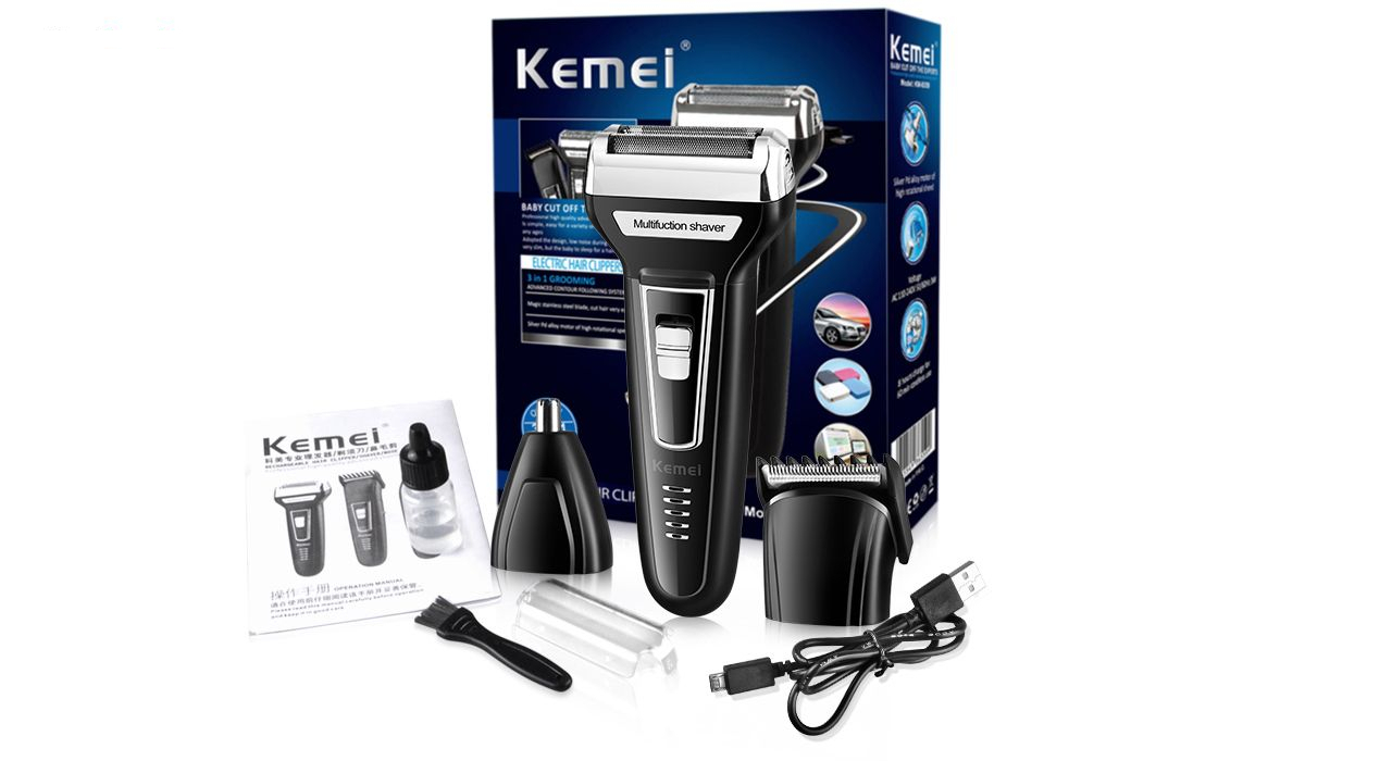 ماشین اصلاح موی صورت کیمی مدل KM-6559، اصلاح به صورت صفر زن، خط زن، دارای سه سری مخصوص برای اصلاح صورت، سر، گوش و بینی، منبع انرژی با کابل USB، تکنولوژی اصلاح به صورت برش چرخشی، مدت زمان شارژ 480 دقیقه و مدت زمان استفاده پس از شارژ 60 دقیقه