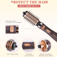 سشوار برسدار چرخشی حرفهای انزو مدل EN-743، موتور DC با توان مصرفی 1500 وات، دارای قابلیت تعویض سری، باد سرد، با حالت صافکننده و حجمدهنده، وزن 700 گرم، تنظیم حرارت 2 حالته و کنترل سرعت 2 حالته، به همراه 2 سری برسدار