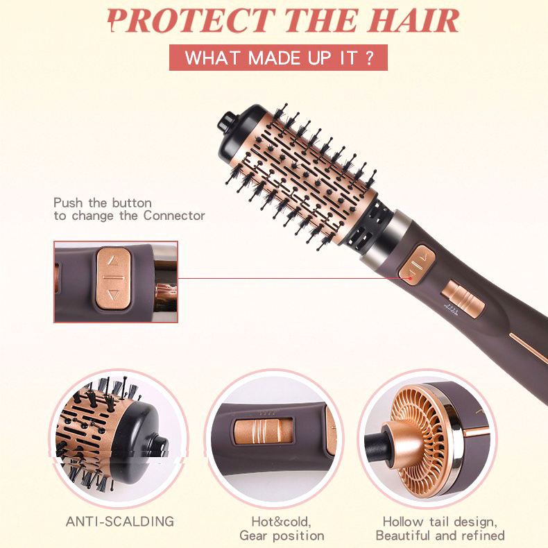 سشوار برسدار چرخشی حرفهای انزو مدل EN-743، موتور DC با توان مصرفی 1500 وات، دارای قابلیت تعویض سری، باد سرد، با حالت صافکننده و حجمدهنده، وزن 700 گرم، تنظیم حرارت 2 حالته و کنترل سرعت 2 حالته، به همراه 2 سری برسدار