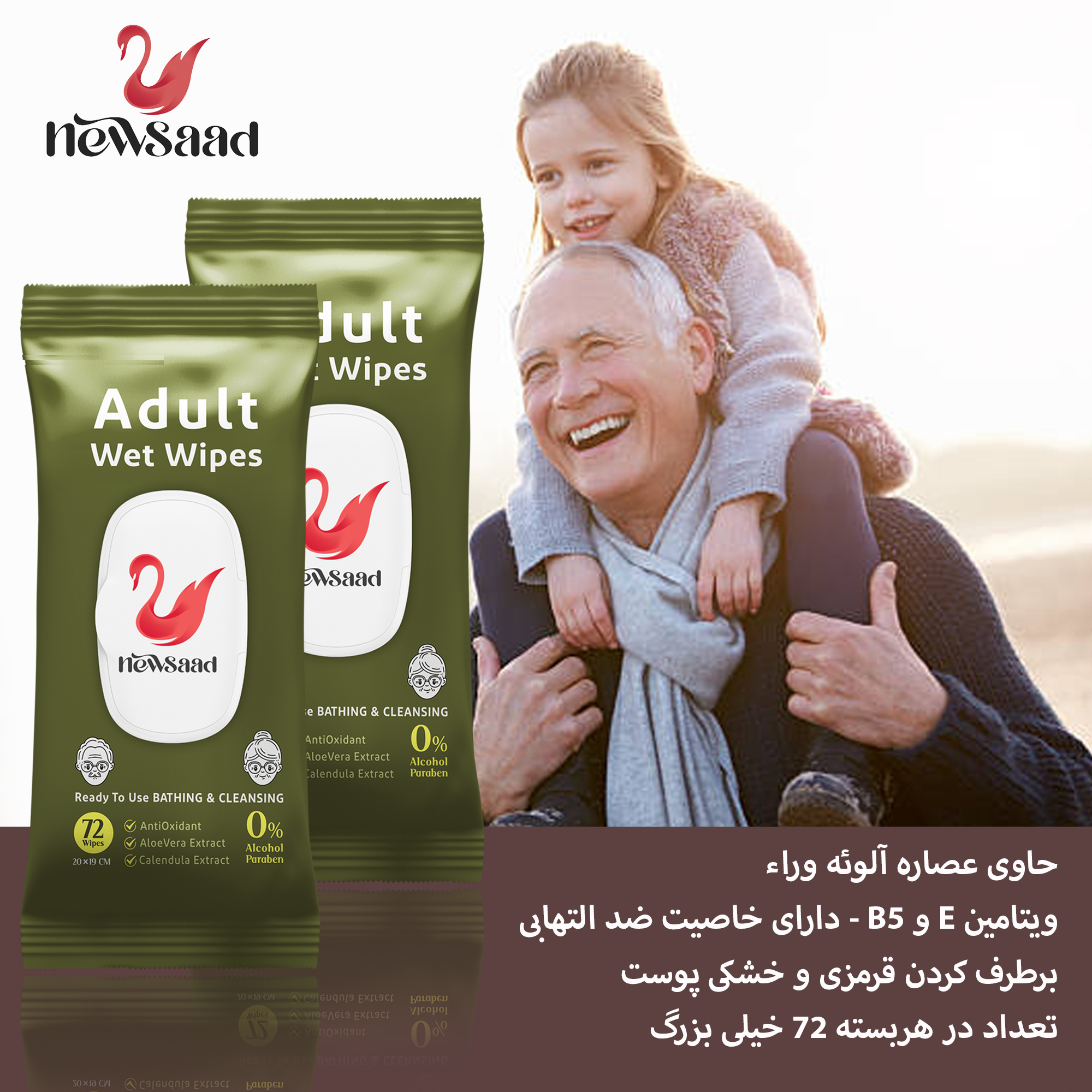 دستمال مرطوب بزرگسالان نیوساد مدل Adult3 سه بسته 72 عددی