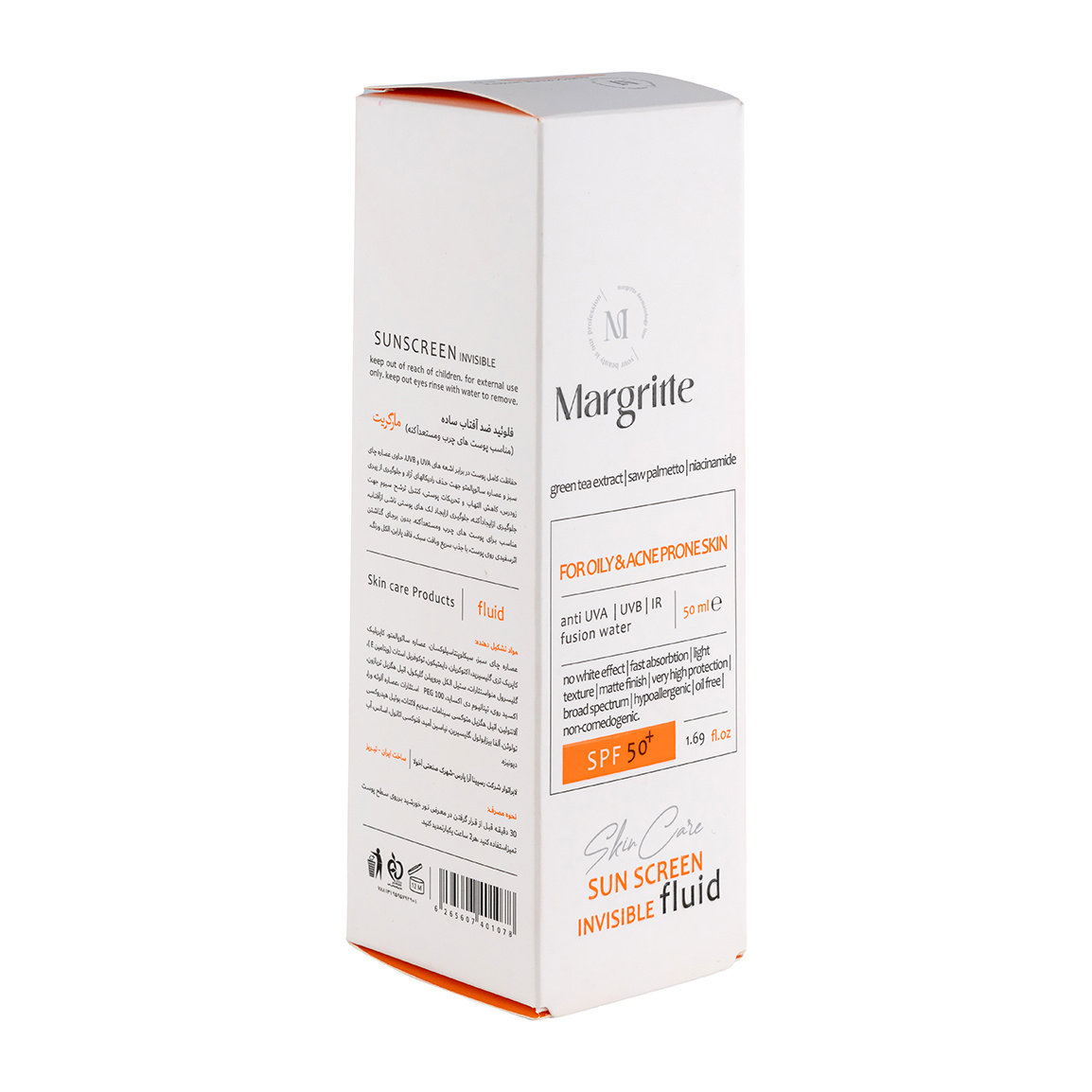 فلوئید ضد آفتاب بدون رنگ مارگریت SPF 50 مدل OAC محافظ UVB , UVA ضد لک و روشن کننده، مناسب برای پوست های چرب و آکنه ای حجم 50 میلی لیتر