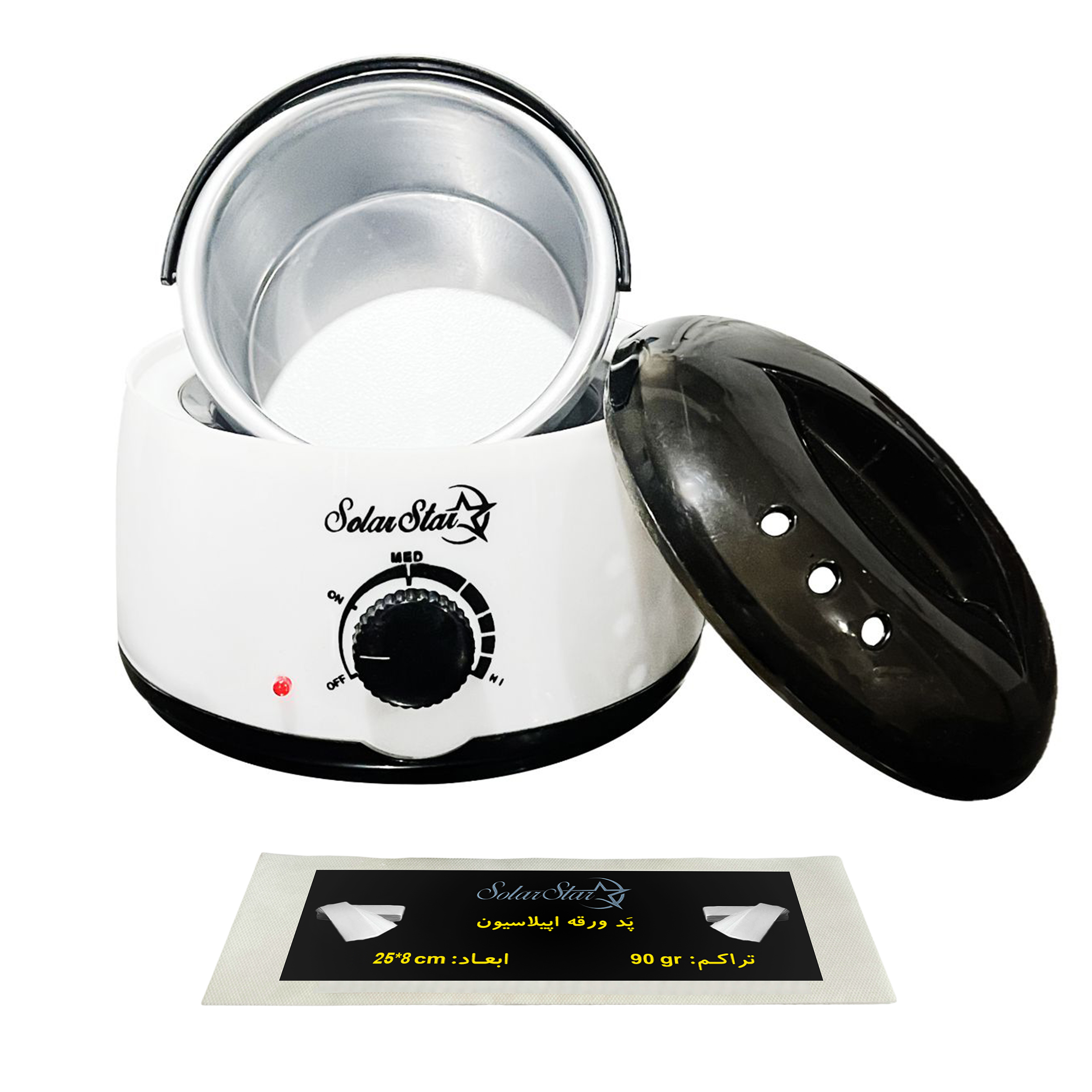 دستگاه موم گرم کن و ذوب وکس سولار استار مدل ولوم دار به همراه پد اپیلاسیون بسته 10 عددی