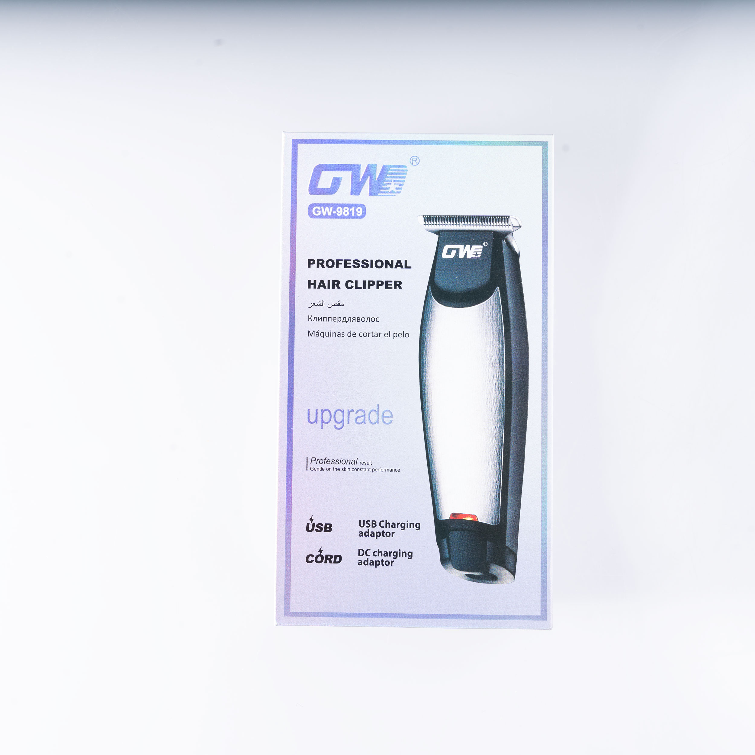 ماشین اصلاح موی سر و صورت شارژی جی دبلیو مدل G-9819، اصلاح به صورت خط زن و صفر زن، منبع انرژی با برق و باتری، تکنولوژی اصلاح به صورت تریمر، اندازه اصلاح 0.1 میلی‌متر، مدت زمان شارژ 480 دقیقه و مدت زمان استفاده پس از شارژ 60 دقیقه، به همراه شارژر و روغن