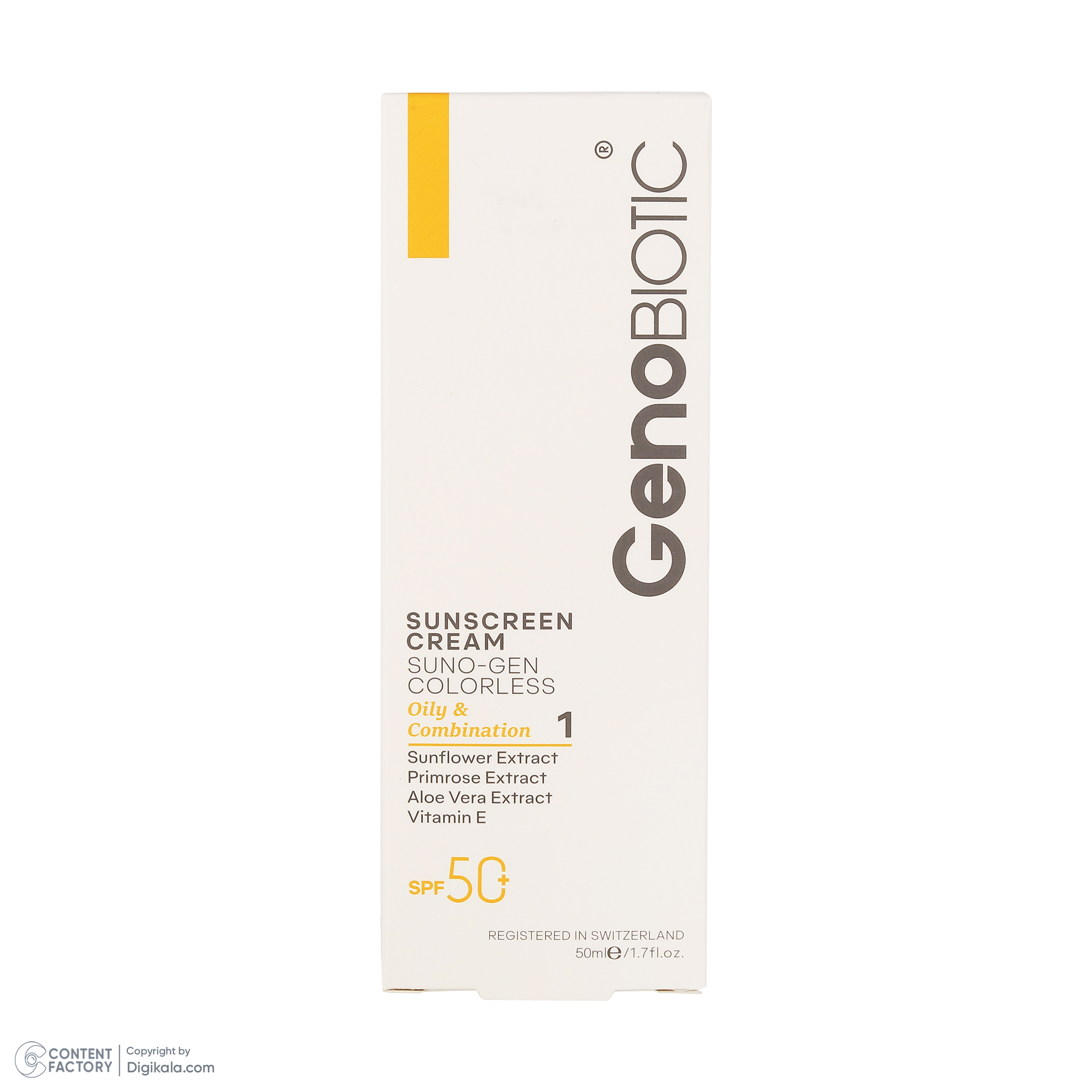 کرم ضدآفتاب بی‌رنگ ژنوبایوتیک SPF50 مدل 01 محافظ UVA ،UVB، مناسب پوست‌های مختلط و چرب، حجم 50 میلی‌لیتر