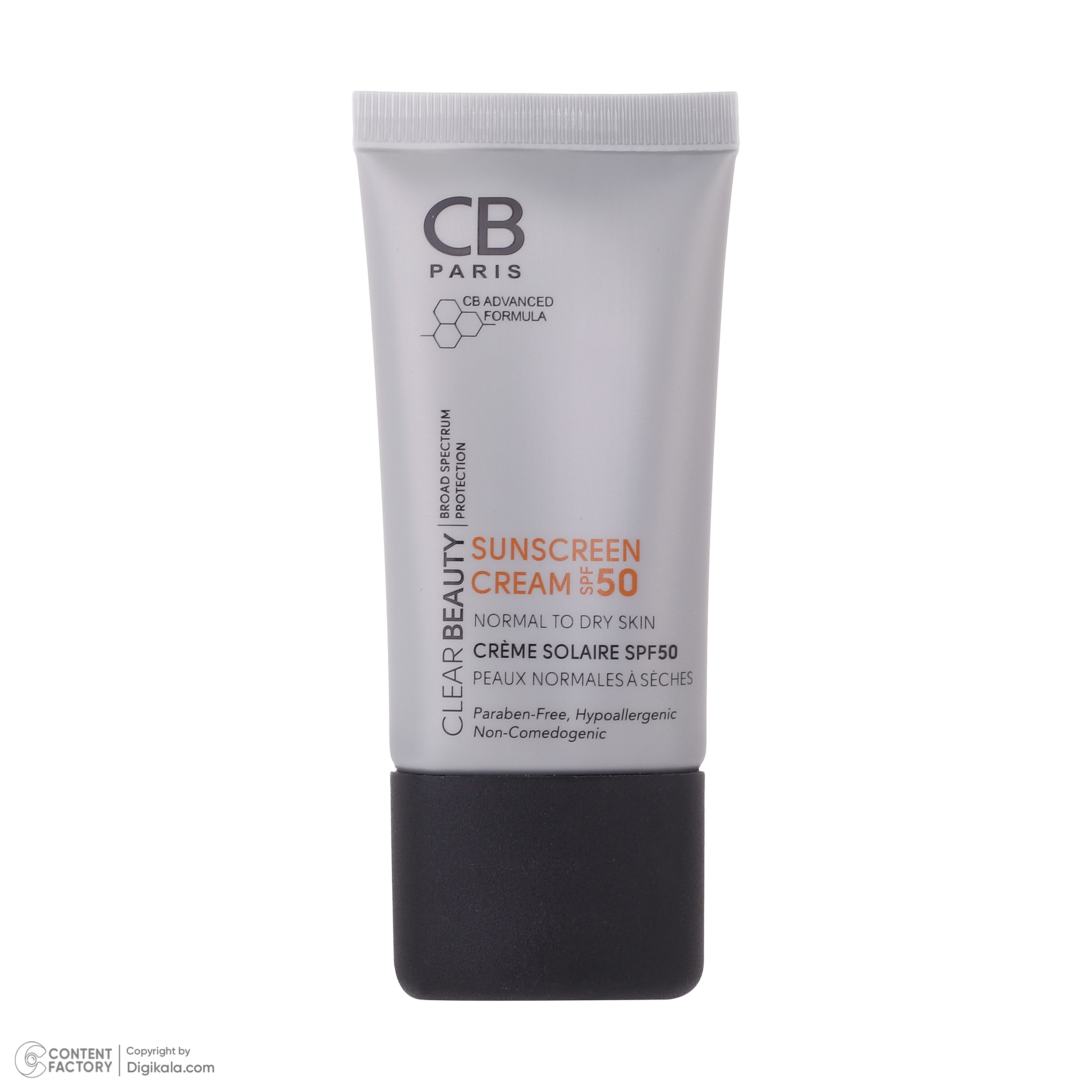 کرم ضد آفتاب بدون رنگ سی بی پاریس SPF 50 مدل 054 ‌مناسب پوست‌های معمولی و خشک حجم 40 میلی‌لیتر