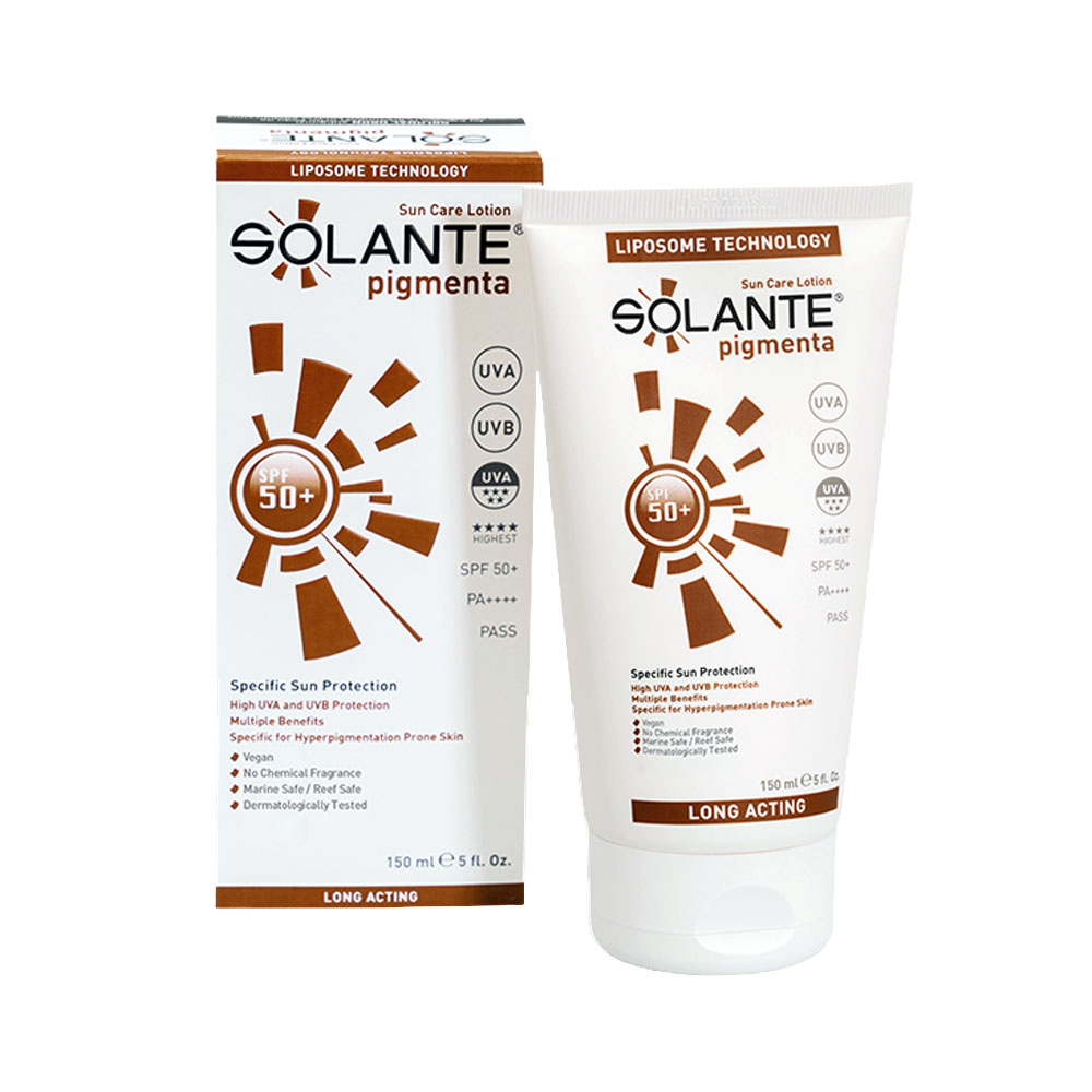 کرم ضد آفتاب بدون رنگ سولانته SPF 50 مدل Pigmenta مناسب انواع پوست‌ حجم 150 میلی‌لیتر