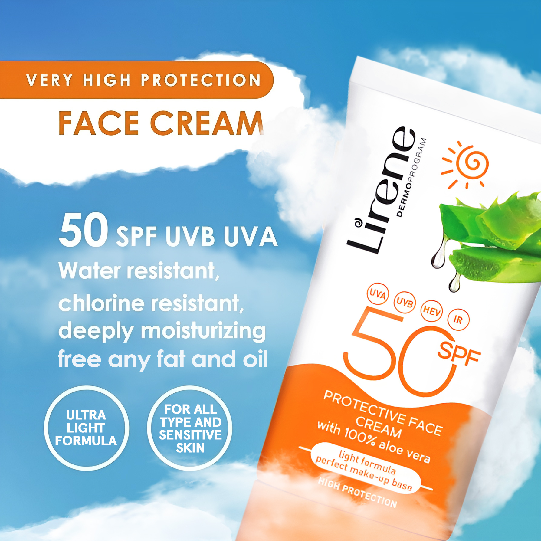کرم ضد آفتاب بدون رنگ لایرن SPF 50 مدل Fusion Water محافظ IR ، HEV ، UVB ، UVA و PA++++ ضد حساسیت، ضد چروک و ضد پیری، مناسب انواع پوست حجم 50 میلیلیتر