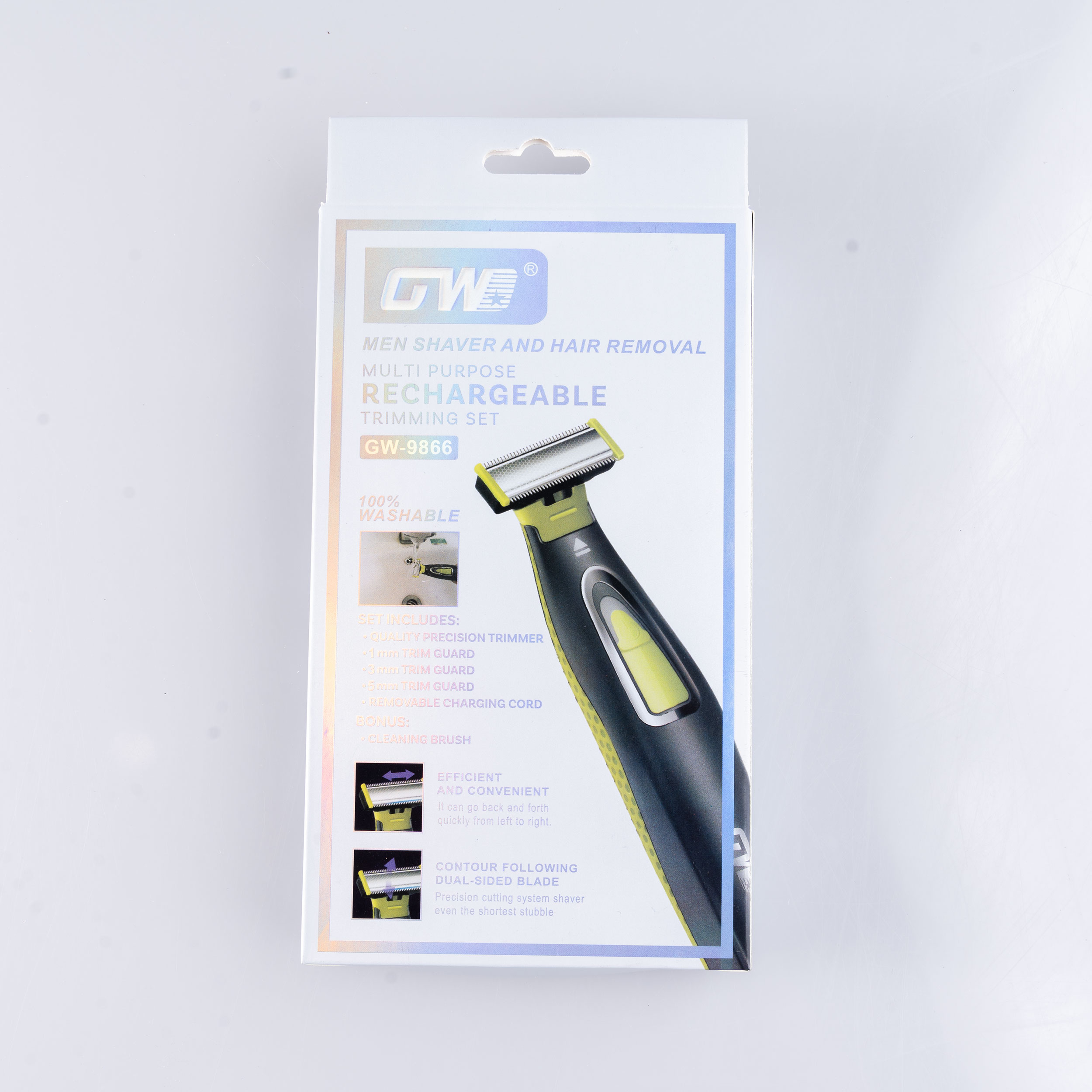 ماشین اصلاح موی صورت شارژی جی دبلیو مدل GW-9866، اصلاح به صورت صفر زن، طراحی ارگونومیک، منبع انرژی با باتری، تکنولوژی اصلاح به صورت تریمر، اندازه اصلاح 0.1 میلی‌متر، مدت زمان شارژ 480 دقیقه، دارای بدنه ضد لغزش، به همراه برس تمیزکننده و کابل شارژ USB