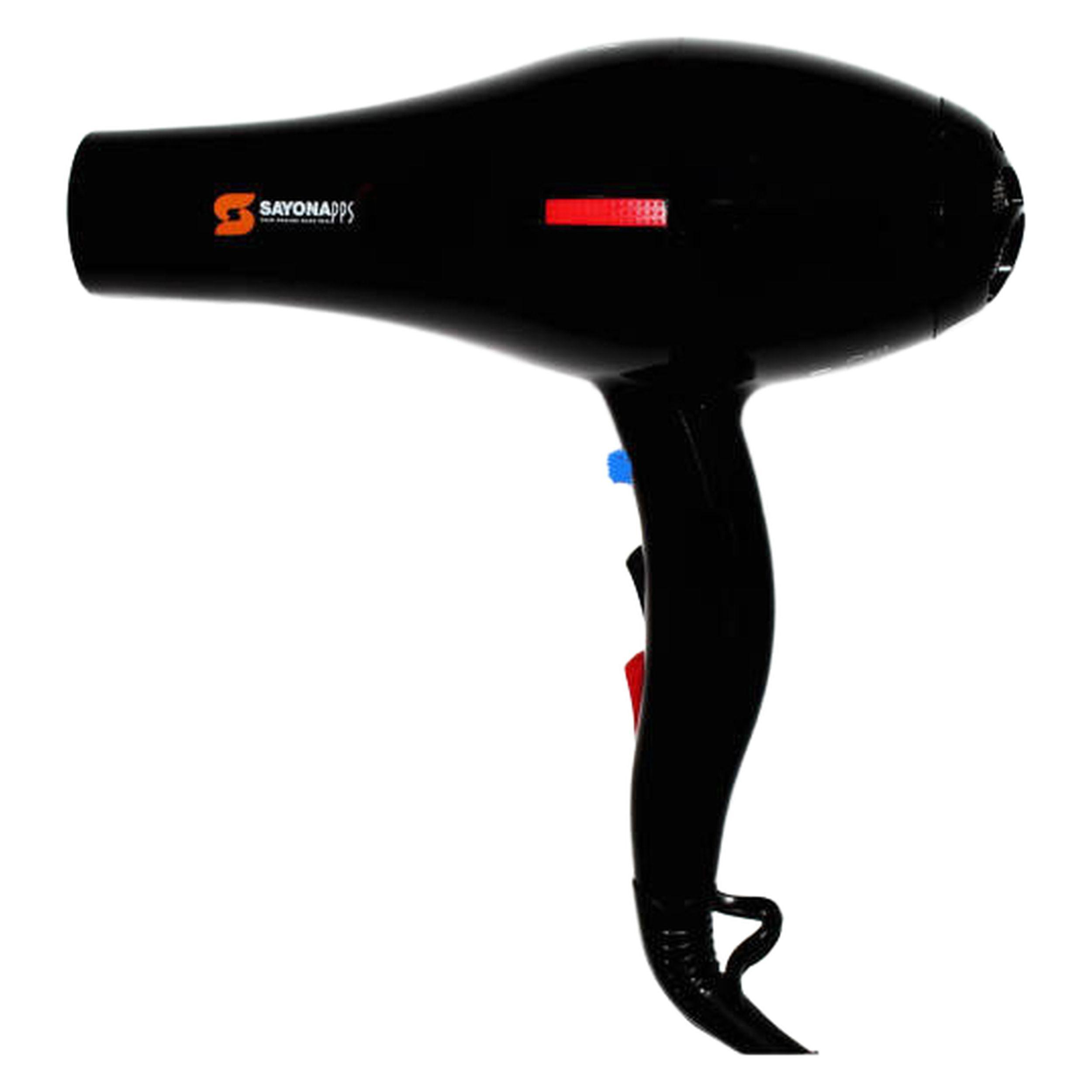 سشوار حرفه‌ای سایونا مدل SY-1200، موتور AC با توان مصرفی 2000 وات، دارای قابلیت تعویض سری و باد سرد، دارای حلقه آویختن، با حالت صاف‌کننده و حجم‌دهنده، وزن 1100 گرم، تنظیم حرارت 3 حالته و کنترل سرعت 2 حالته، به همراه 2 عدد سری متمرکزکننده پهن و باریک