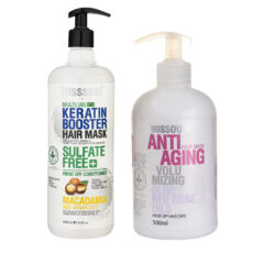 ماسک مو میسوری مدل KERATIN BOOSTER مناسب برای موهای خشک حجم 1000 میلی لیتر به همراه ماسک مو میسوری مدل زیتون مناسب برای موهای خشک حجم 500 میلی لیتر